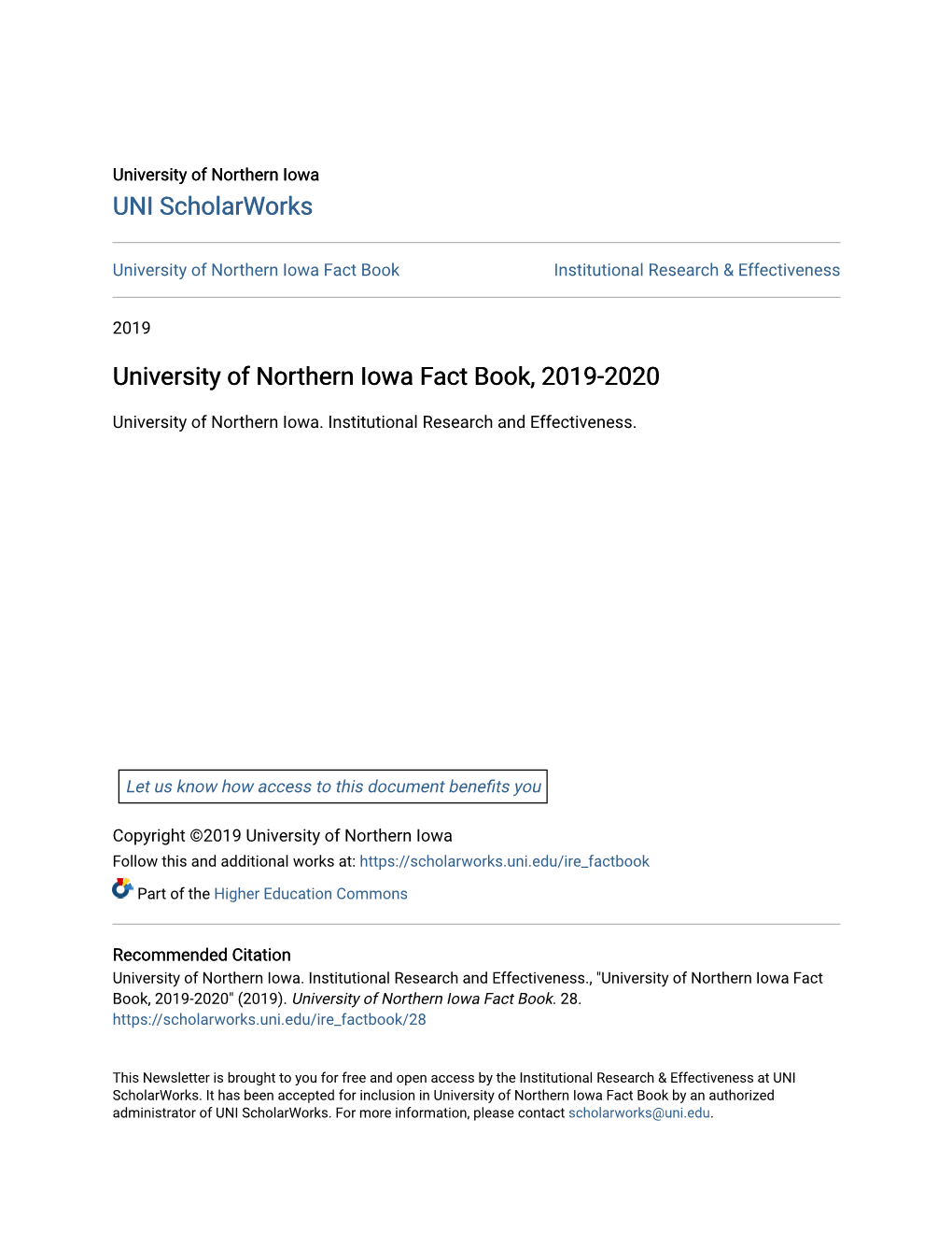 University of Northern Iowa Fact Book, 2019-2020