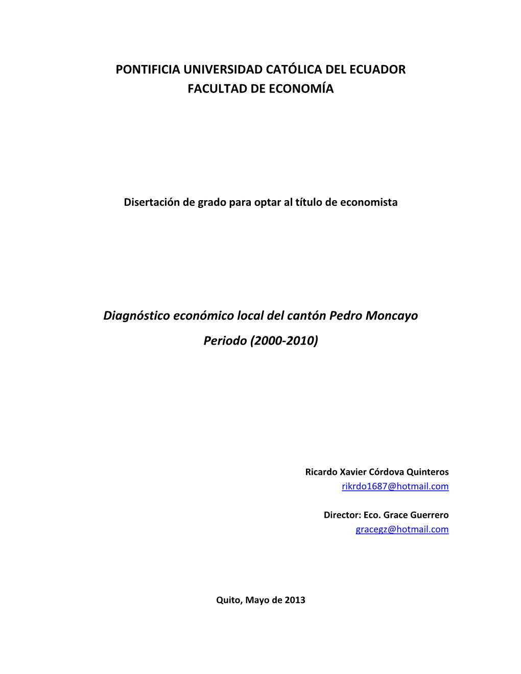 Diagnóstico Económico Local Del Cantón Pedro Moncayo Periodo (2000-2010)