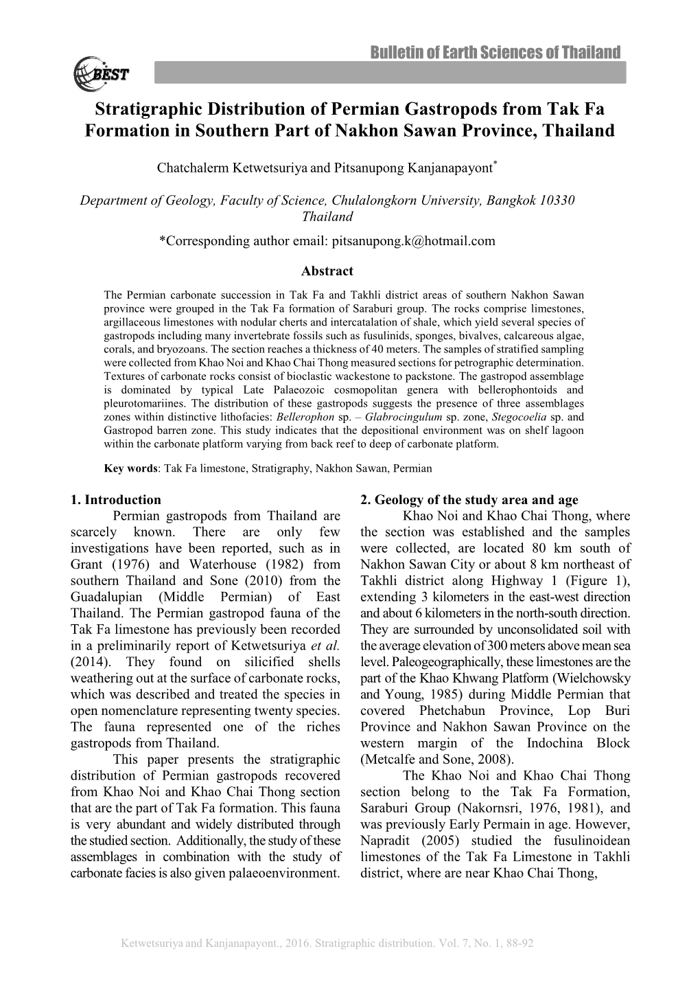 Stratigraphic Distribution of Permian Gastropods from Tak Fa Formation in Southern Part of Nakhon Sawan Province, Thailand