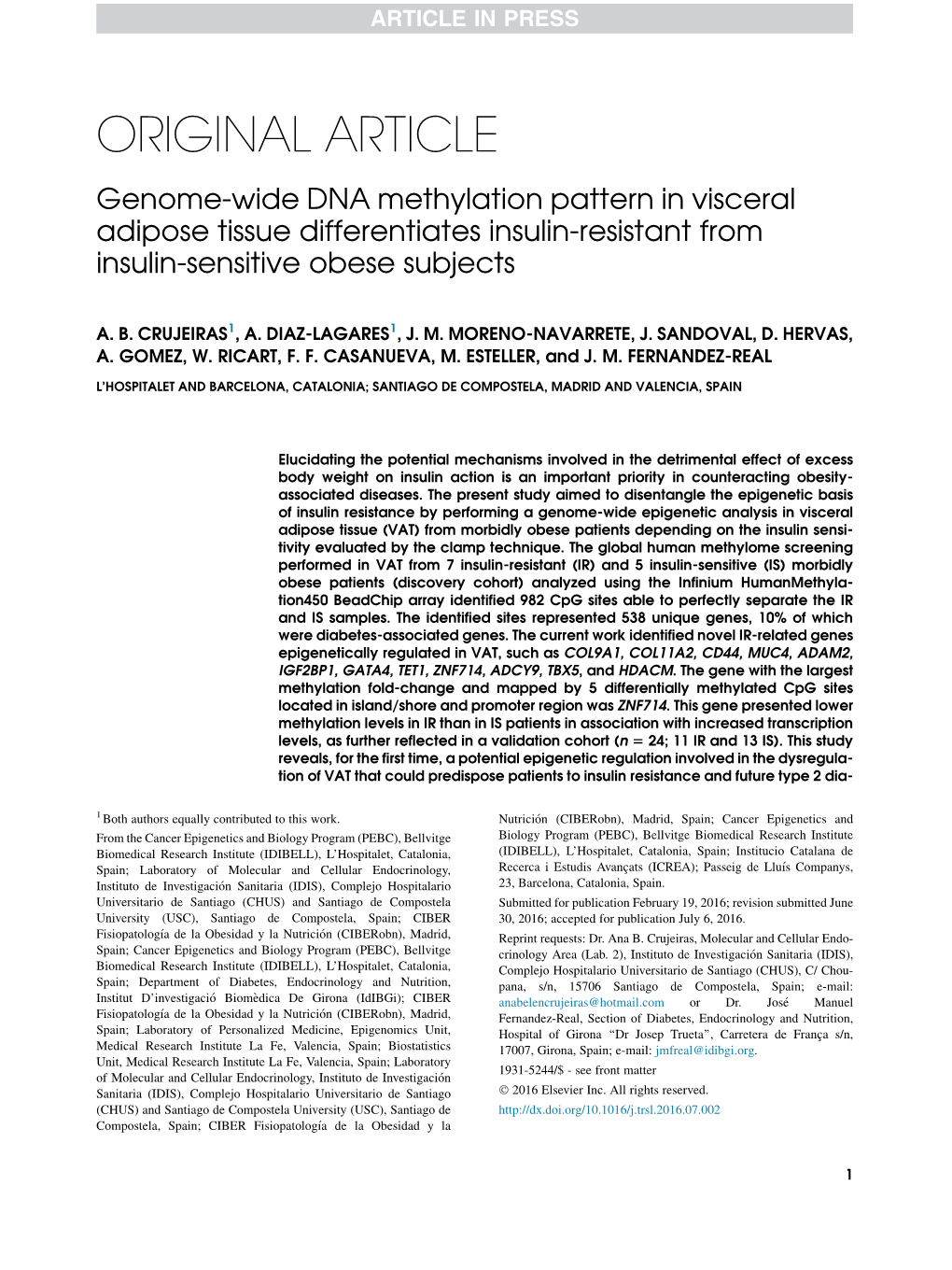 Genome-Wide DNA Methylation Pattern in Visceral Adipose Tissue Differentiates Insulin-Resistant from Insulin-Sensitive Obese Subjects