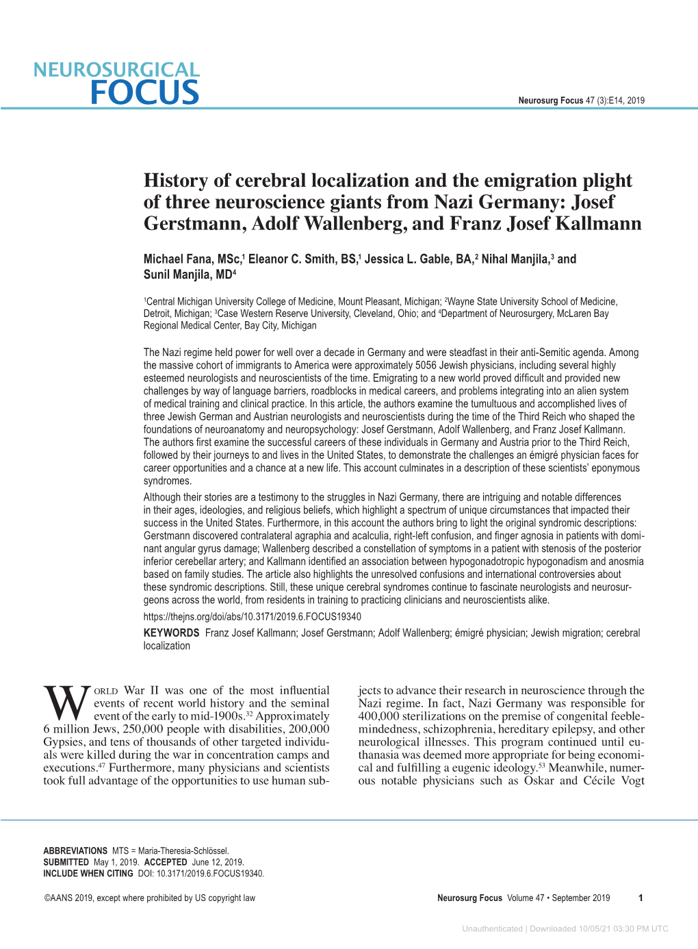 History of Cerebral Localization and the Emigration Plight of Three Neuroscience Giants from Nazi Germany: Josef Gerstmann, Adolf Wallenberg, and Franz Josef Kallmann