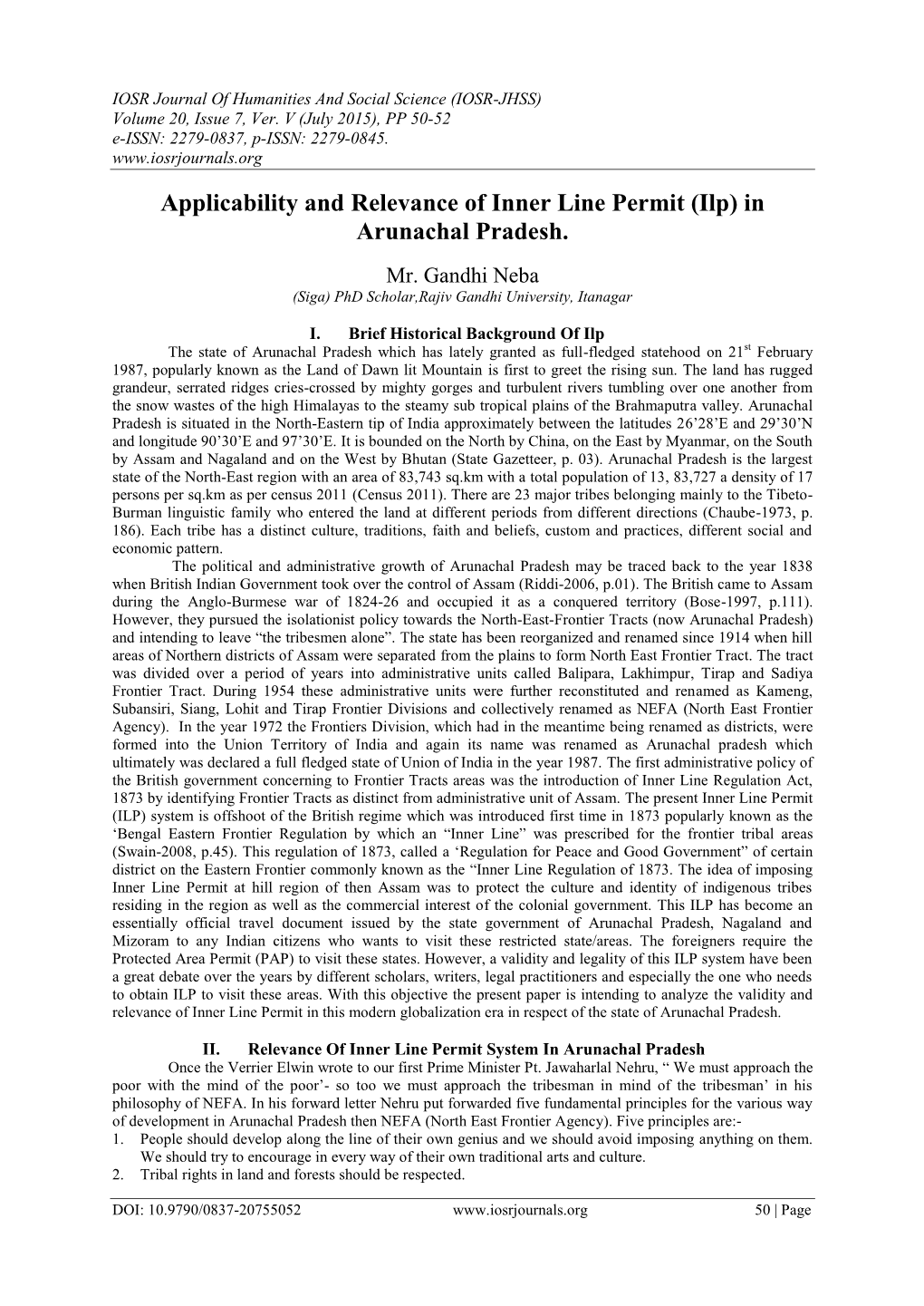 Applicability and Relevance of Inner Line Permit (Ilp) in Arunachal Pradesh