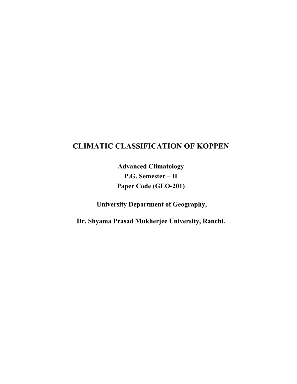 Climatic Classification of Koppen