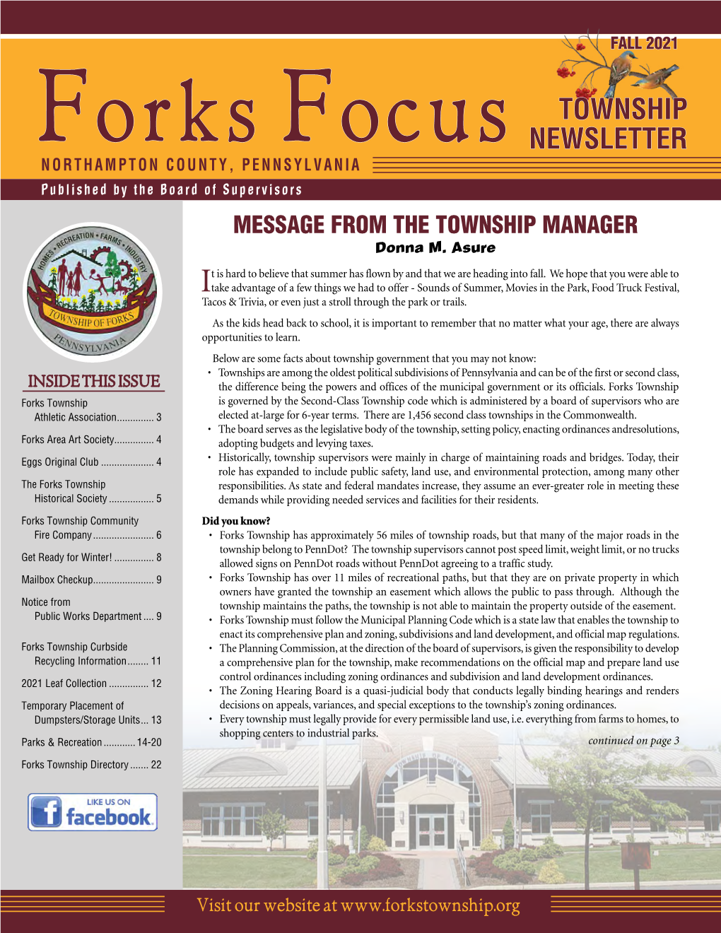 NEWSLETTER NORTHAMPTON COUNTY, PENNSYLVANIA Published by the Board of Supervisors MESSAGE from the TOWNSHIP MANAGER Donna M