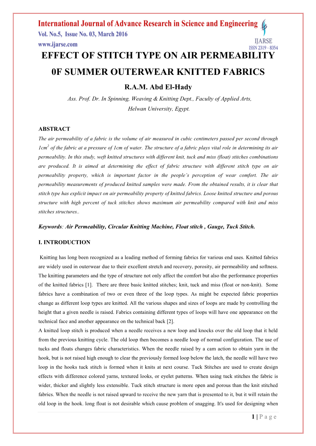 Effect of Stitch Type on Air Permeability 0F Summer Outerwear Knitted Fabrics R.A.M
