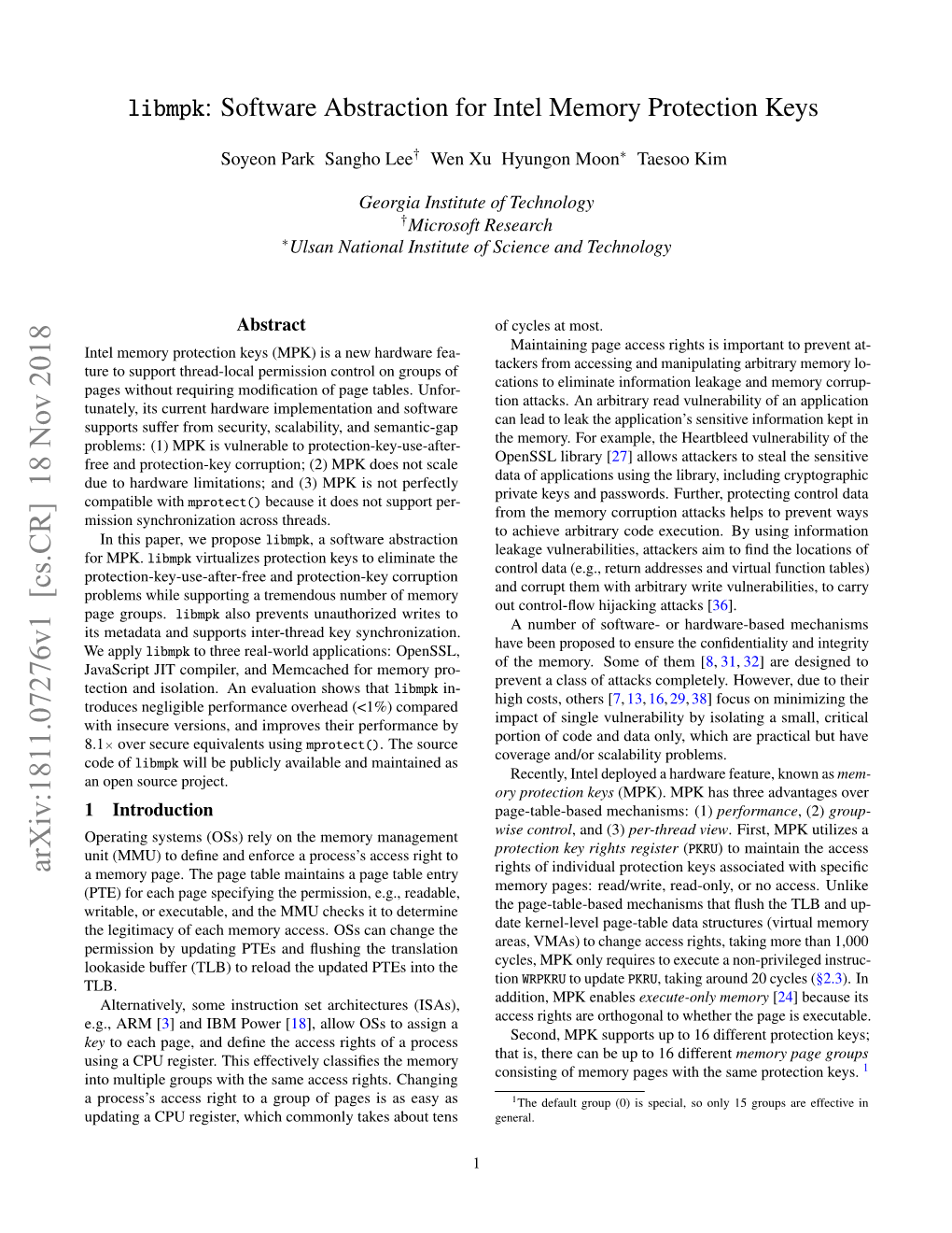 Libmpk: Software Abstraction for Intel Memory Protection Keys