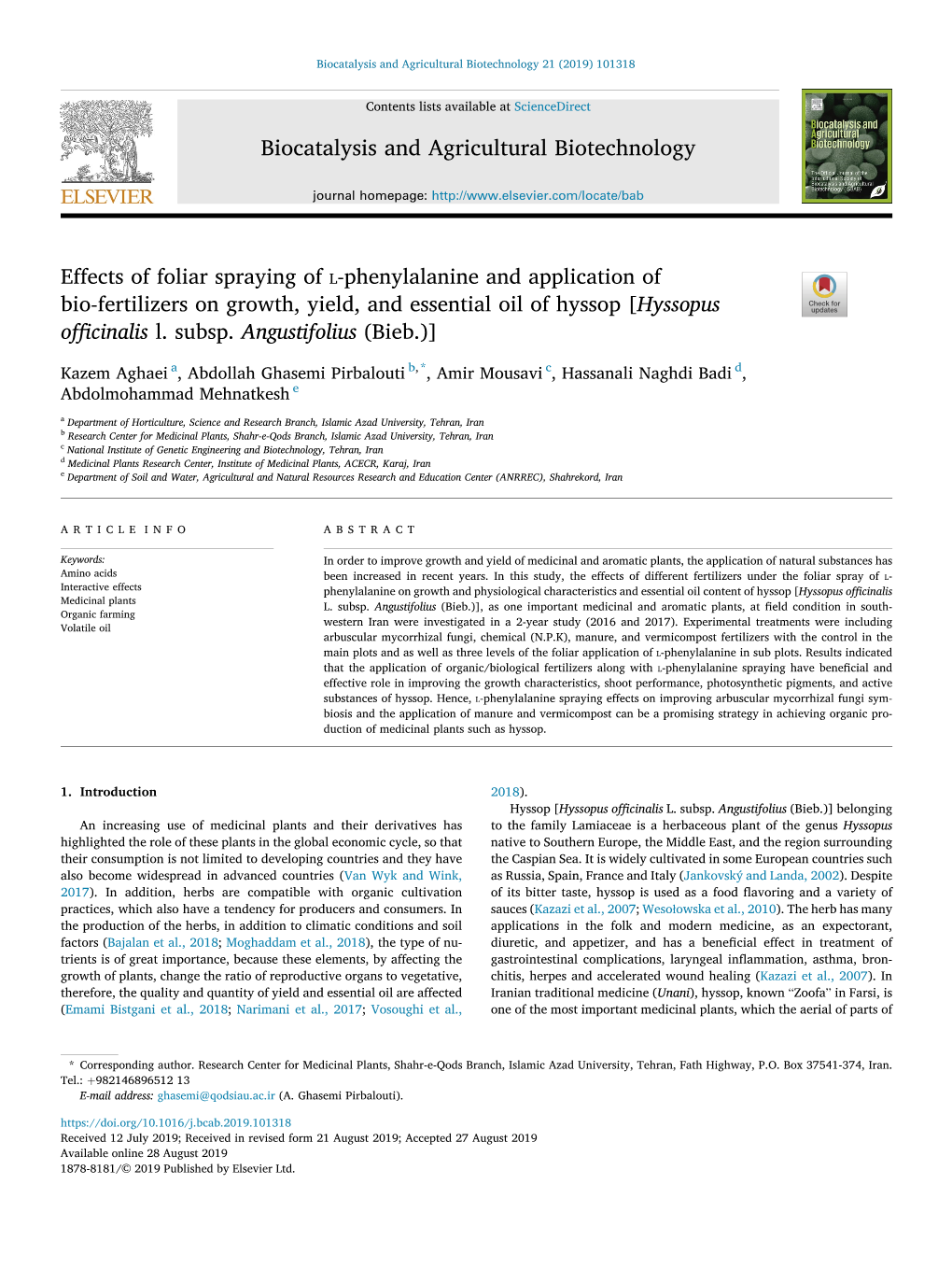 Phenylalanine and Application of Bio-Fertilizers on Growth, Yield, and Essential Oil of Hyssop [Hyssopus Officinalis L