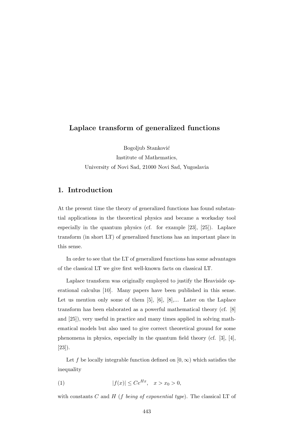 Laplace Transform of Generalized Functions 1. Introduction