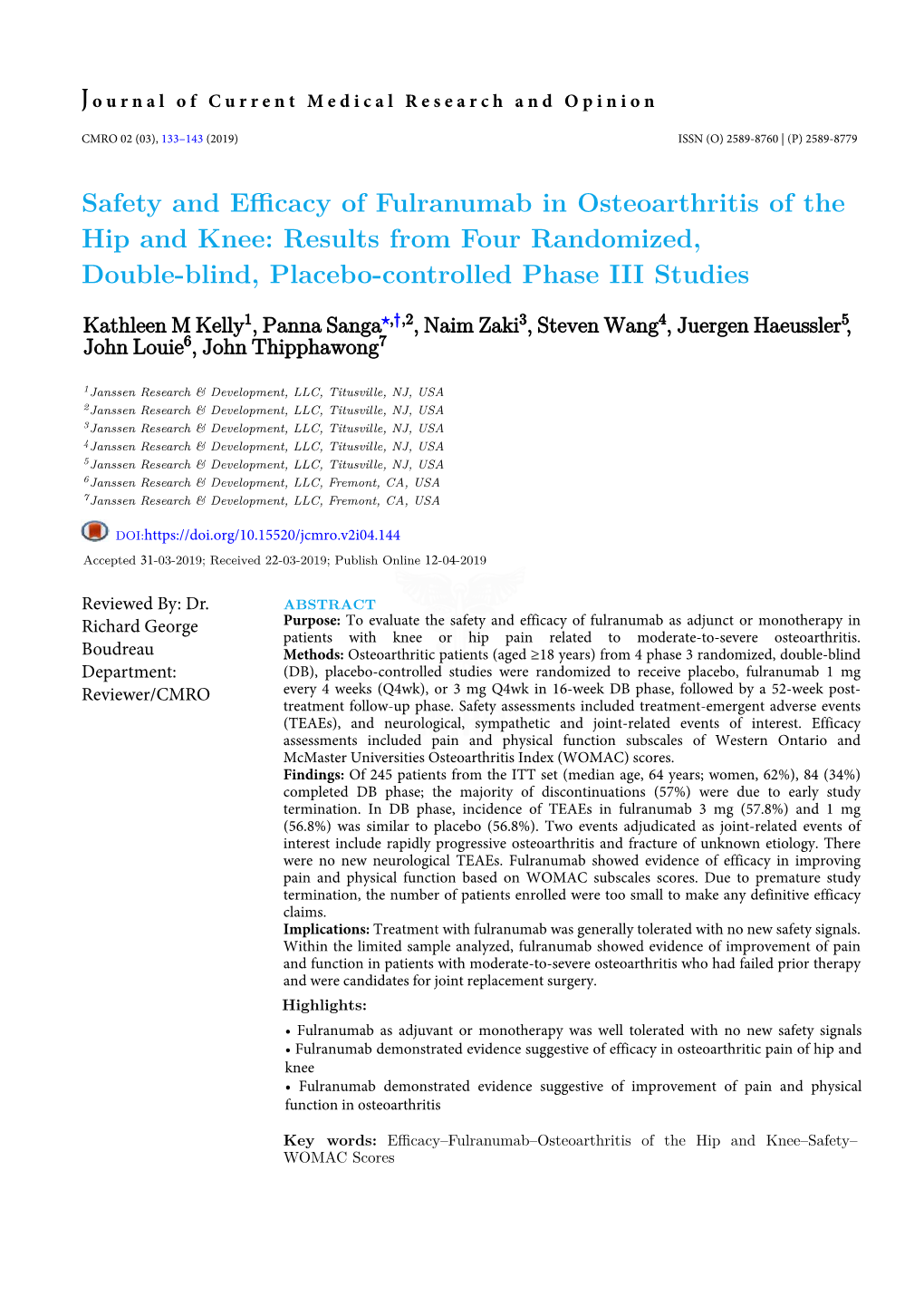 Safety and Efficacy of Fulranumab in Osteoarthritis of the Hip and Knee