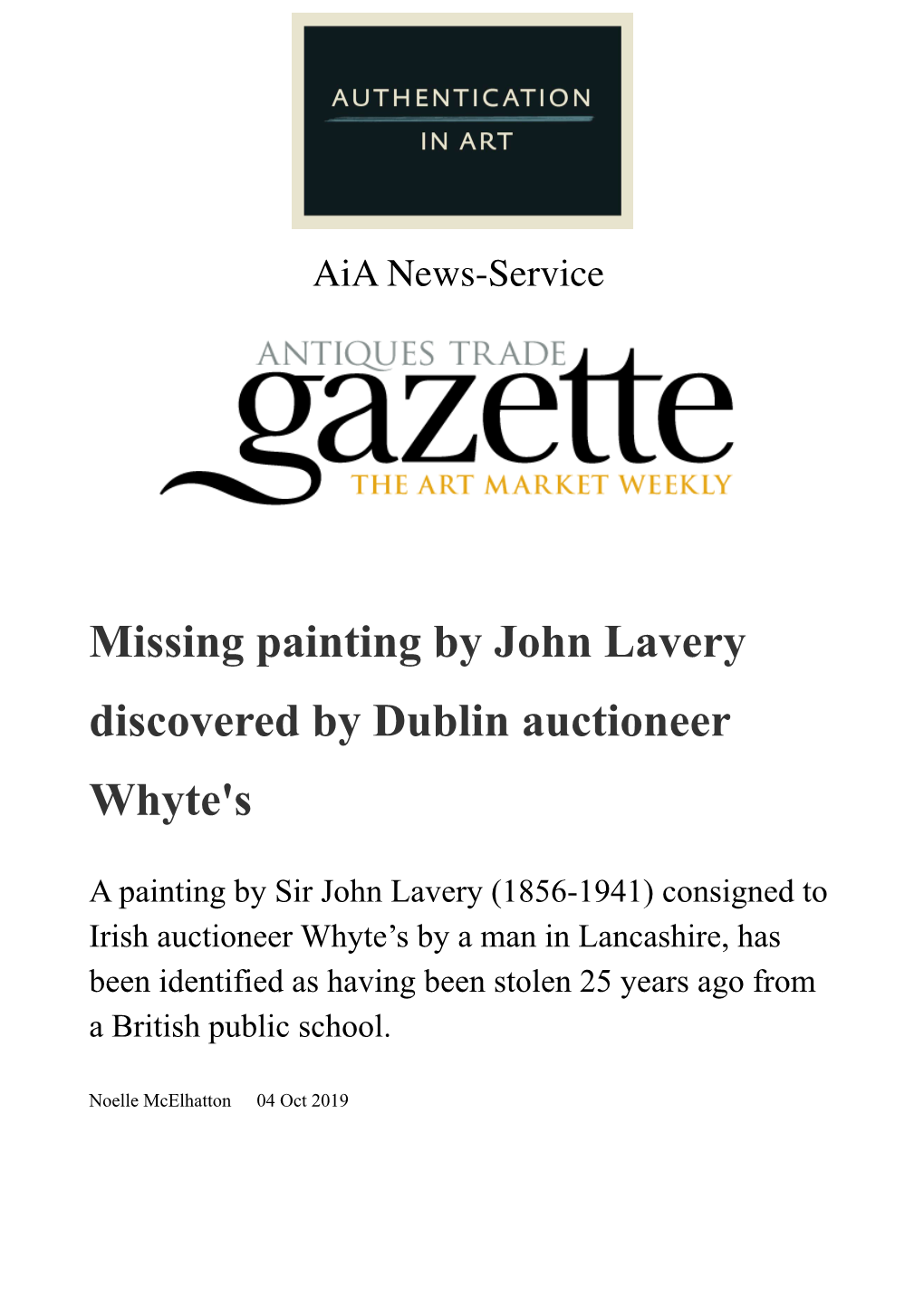 Missing Painting by John Lavery Discovered by Dublin Auctioneer Whyte's