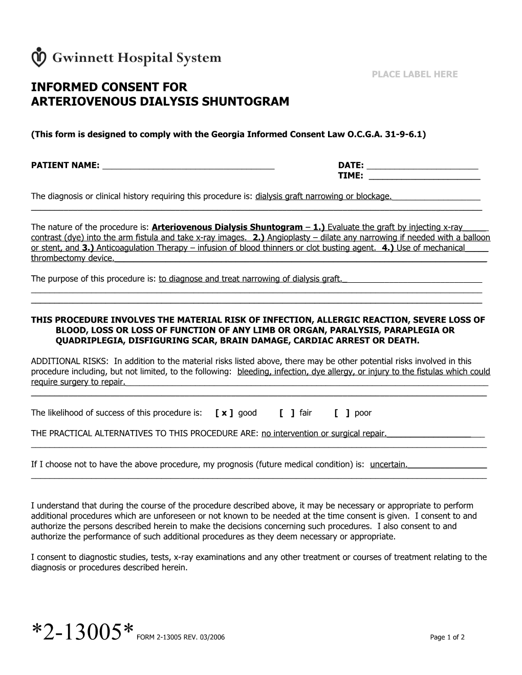 INFORMED CONSENT for Arteriovenous Dialysis Shuntogram