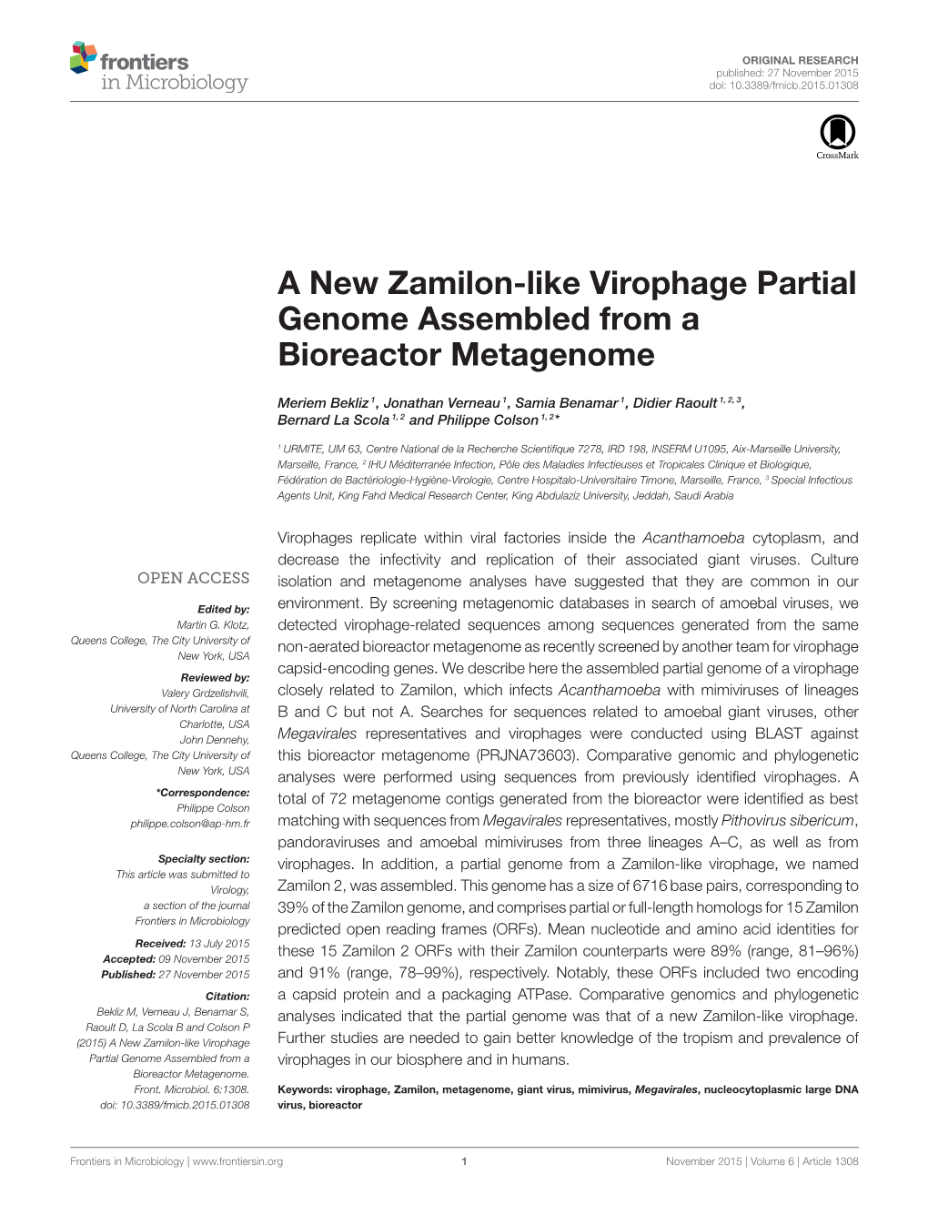 A New Zamilon-Like Virophage Partial Genome Assembled from a Bioreactor Metagenome