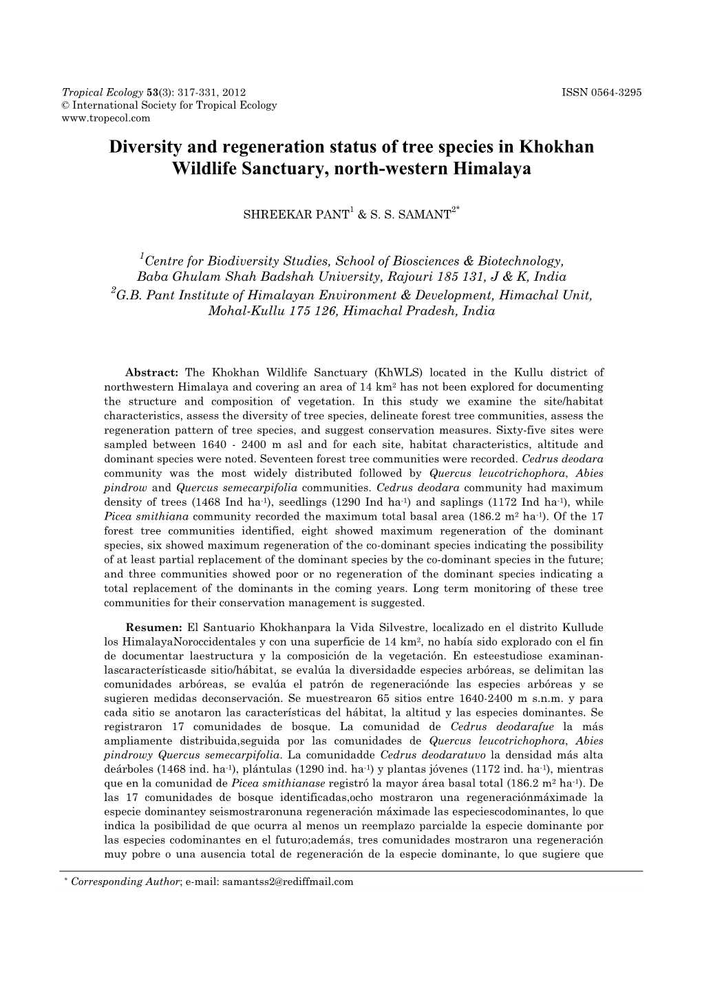 Diversity and Regeneration Status of Tree Species in Khokhan Wildlife Sanctuary, North-Western Himalaya