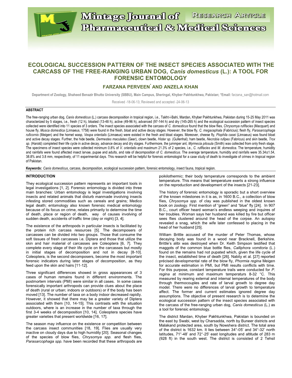 Ecological Succession Pattern of the Insect Species Associated With