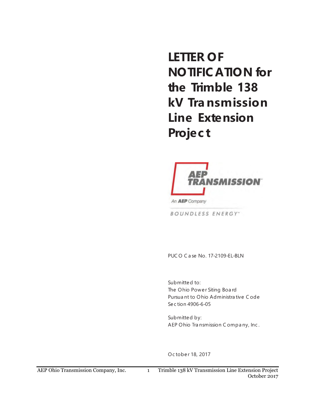 LETTER of NOTIFICATION for the Trimble 138 Kv Transmission Line Extension Project