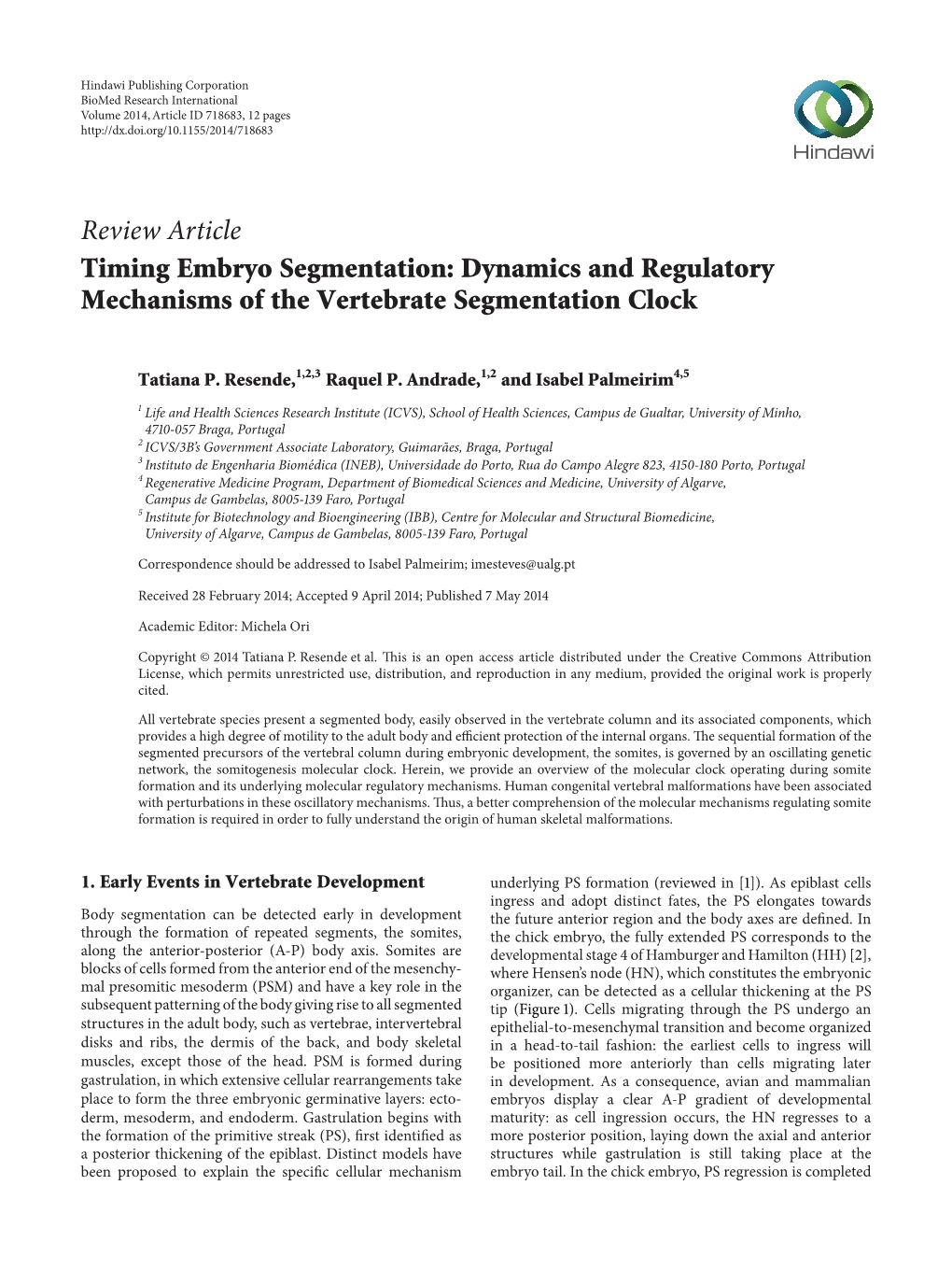 Review Article Timing Embryo Segmentation: Dynamics and Regulatory Mechanisms of the Vertebrate Segmentation Clock