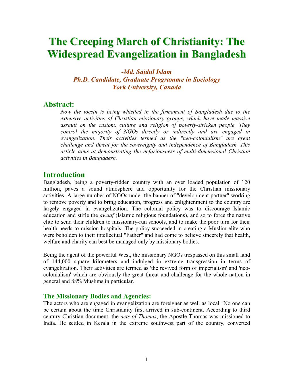 The Creeping March of Christianity: the Widespread Evangelization in Bangladesh
