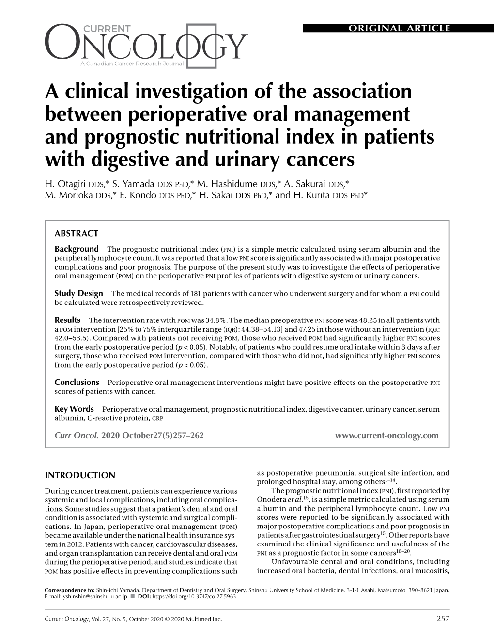 A Clinical Investigation of the Association Between Perioperative Oral Management and Prognostic Nutritional Index in Patients with Digestive and Urinary Cancers