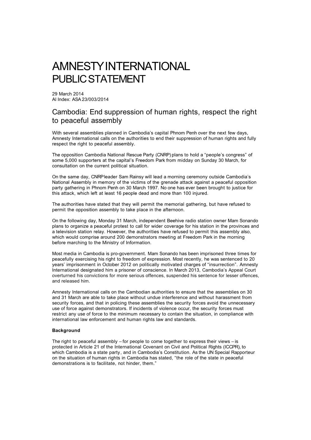 Amnesty International Public Statement