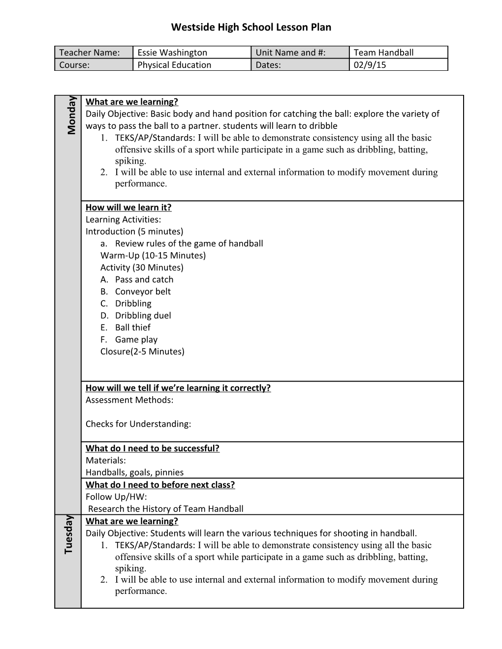 Westside High School Lesson Plan s8