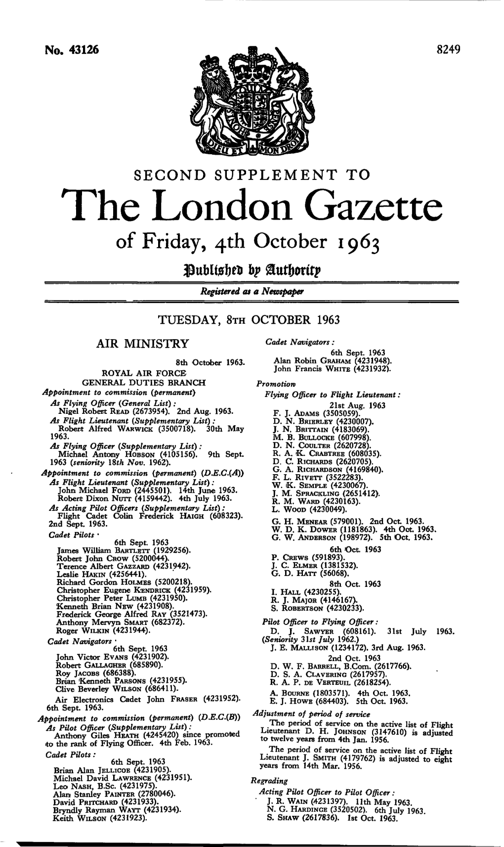The London Gazette of Friday, 4Th October 1963