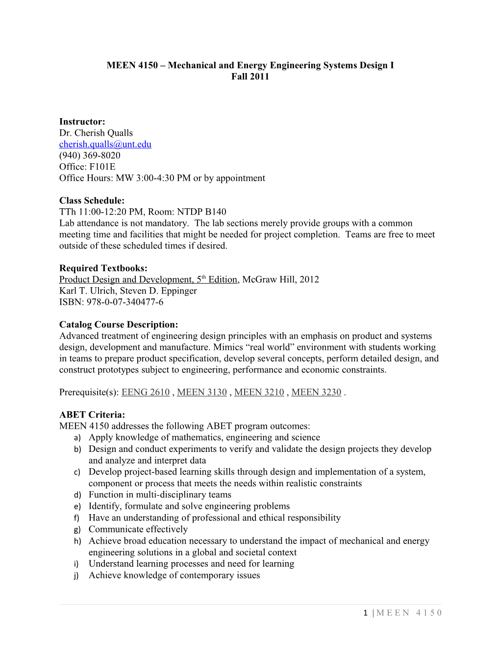 MEEN 4150 Mechanical and Energy Engineering Systems Design I