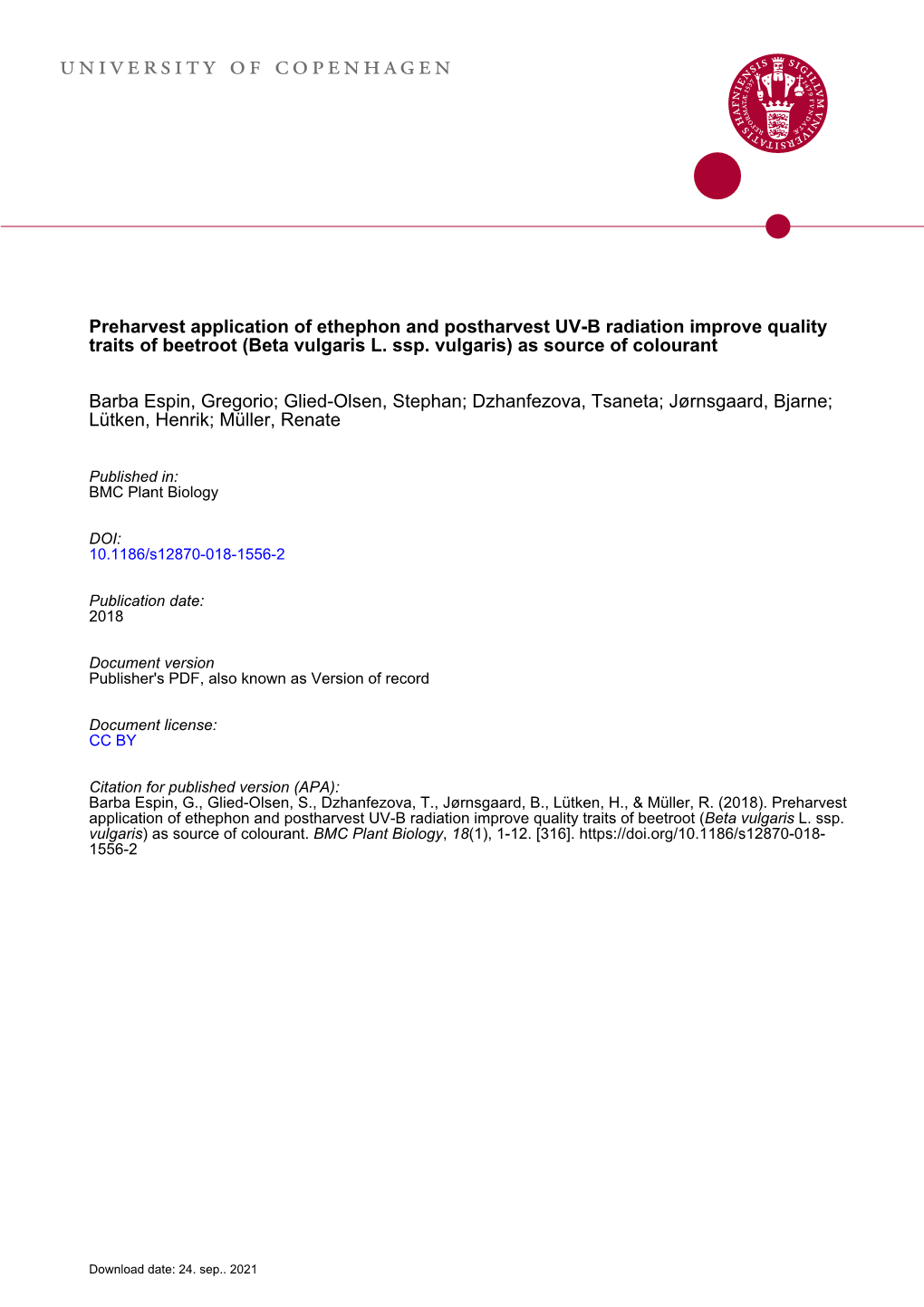 Preharvest Application of Ethephon and Postharvest UV-B Radiation Improve Quality Traits of Beetroot (Beta Vulgaris L