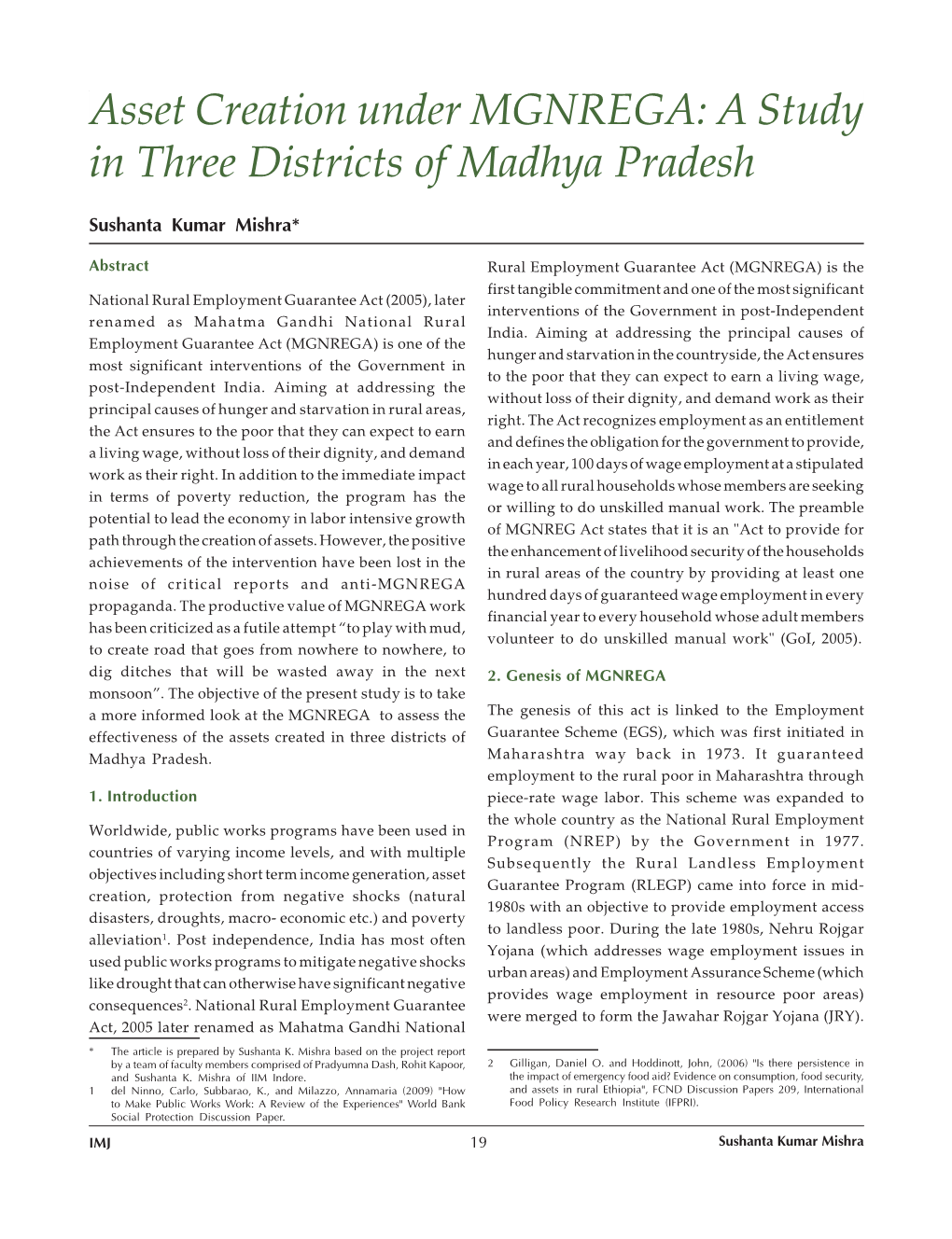 Asset Creation Under MGNREGA: a Study in Three Districts of Madhya