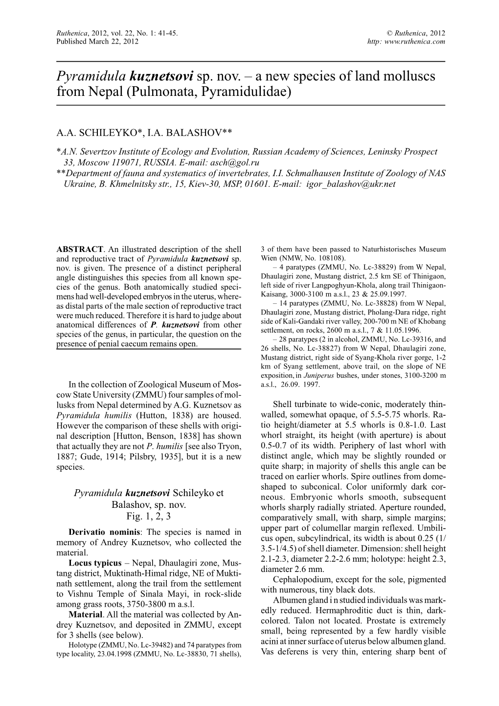 Pyramidula Kuznetsovi Sp. Nov. – a New Species of Land Molluscs from Nepal (Pulmonata, Pyramidulidae)