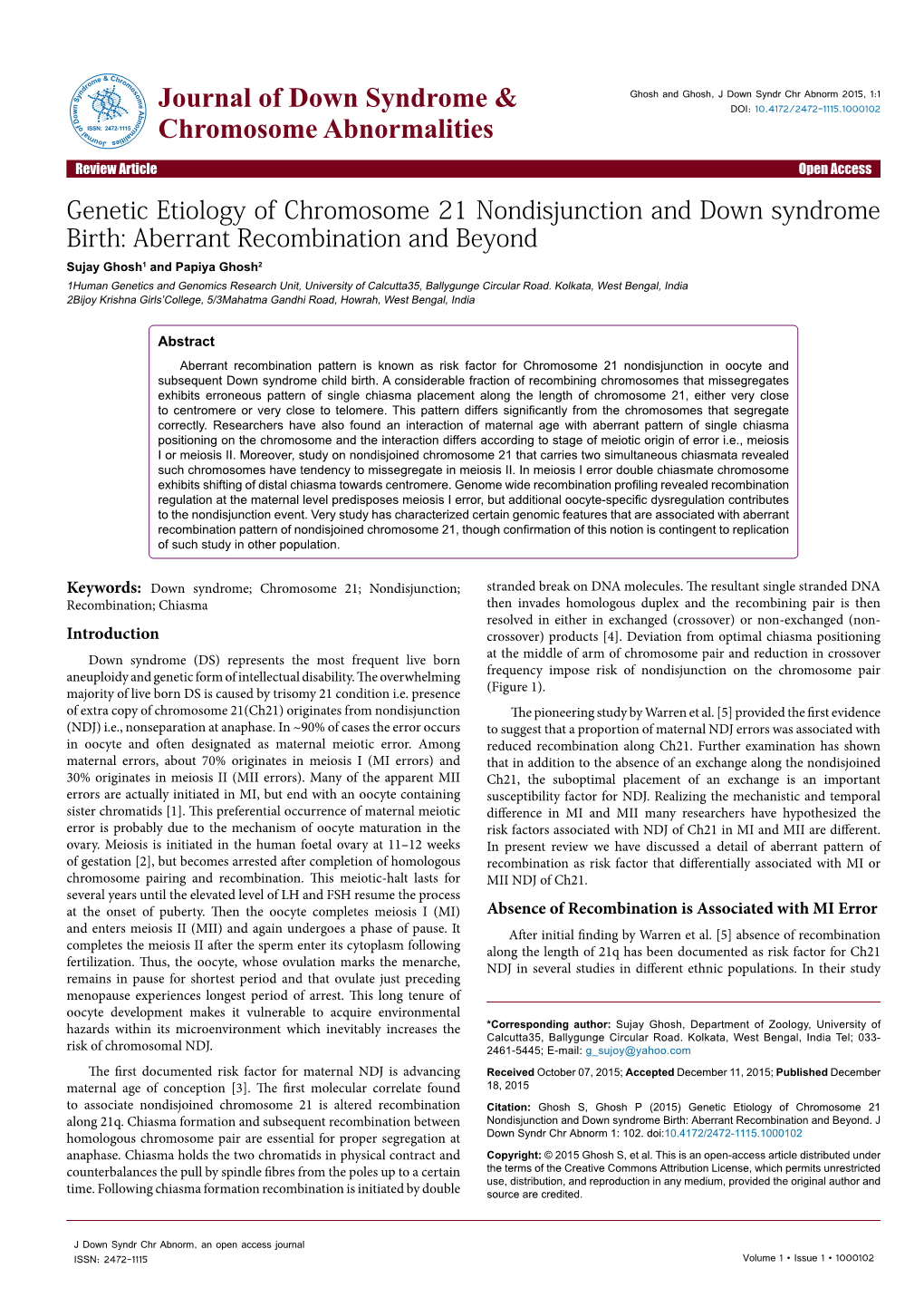 Genetic Etiology of Chromosome 21 Nondisjunction and Down