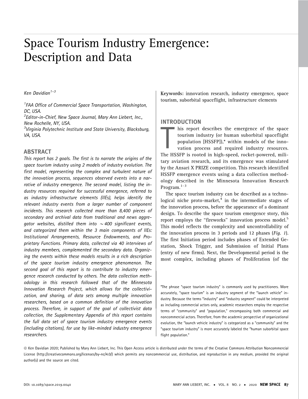 Space Tourism Industry Emergence: Description and Data