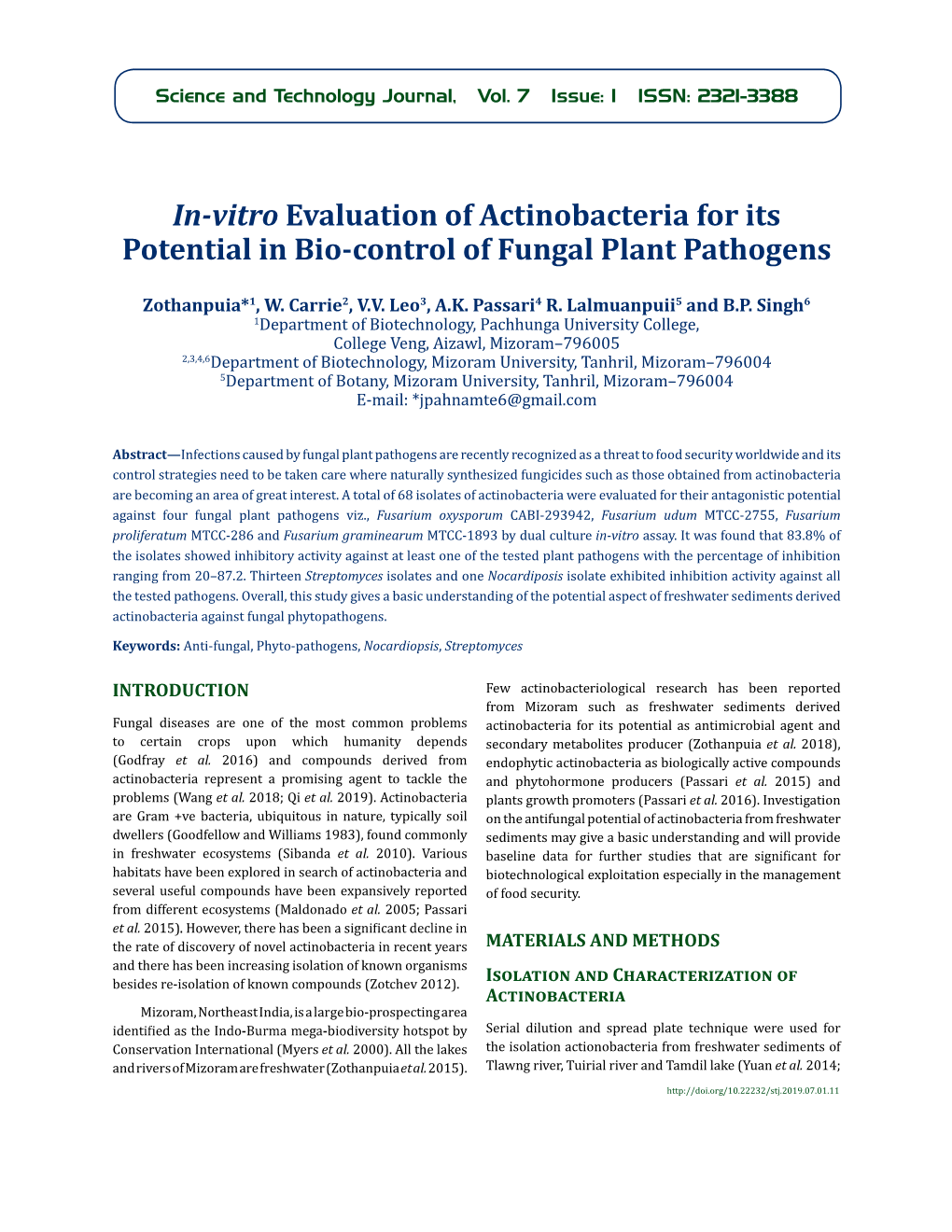 In-Vitro Evaluation of Actinobacteria for Its Potential in Bio-Control of Fungal Plant Pathogens