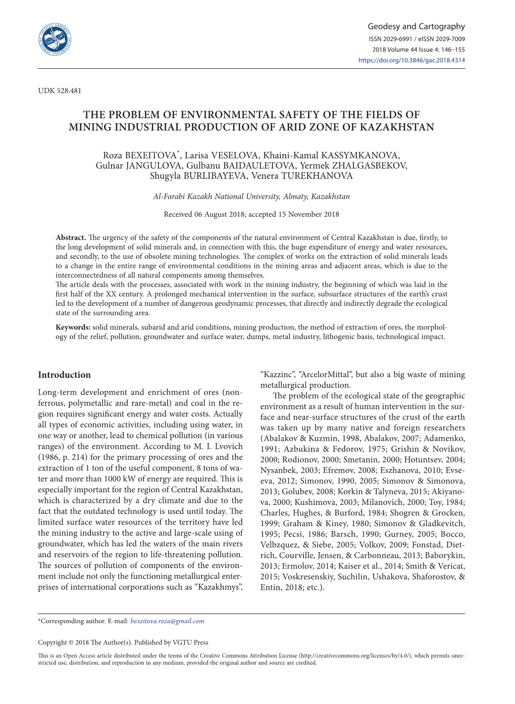The Problem of Environmental Safety of the Fields of Mining Industrial Production of Arid Zone of Kazakhstan