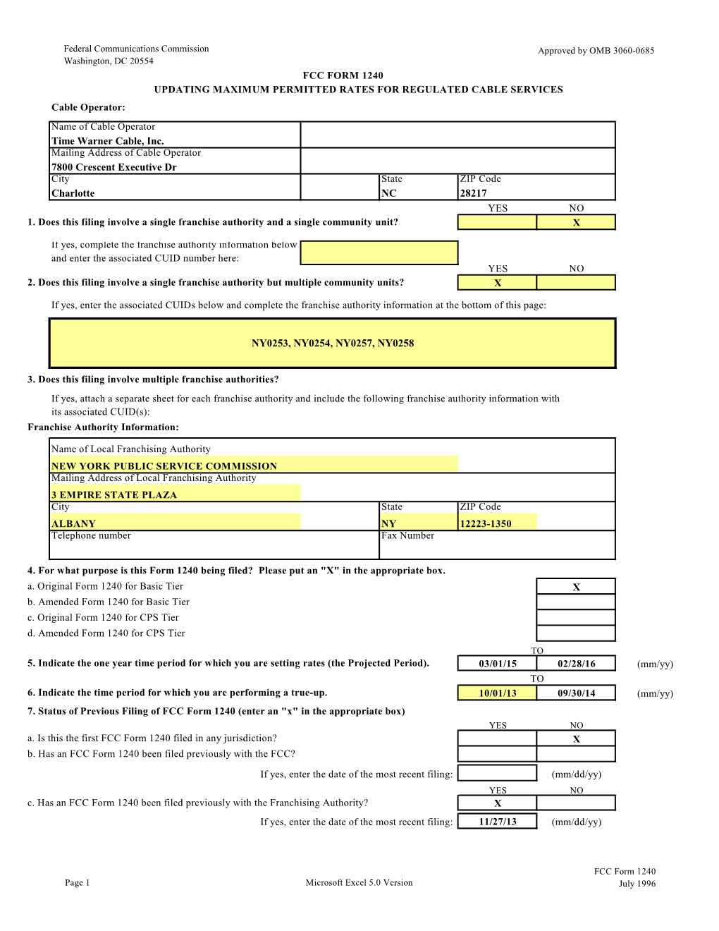 FCC Form 1240 for Excel 5.0, 1St Version