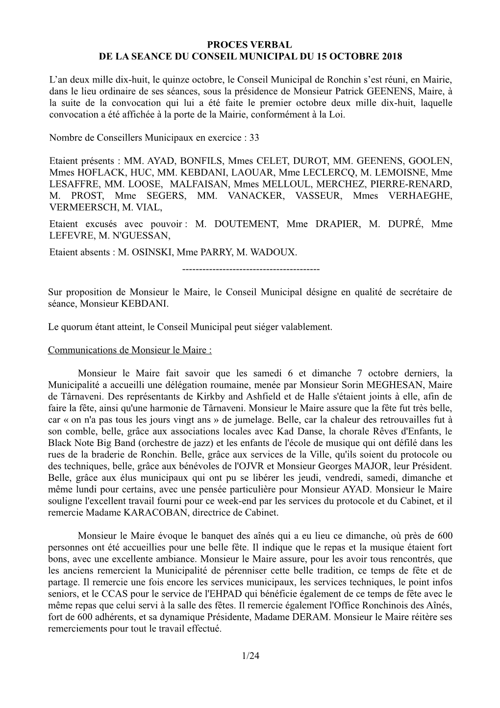 Proces Verbal De La Seance Du Conseil Municipal Du 15 Octobre 2018