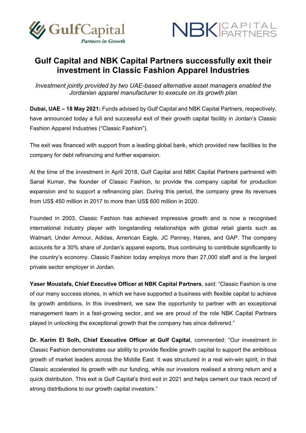 Gulf Capital and NBK Capital Partners Successfully Exit Their Investment in Classic Fashion Apparel Industries