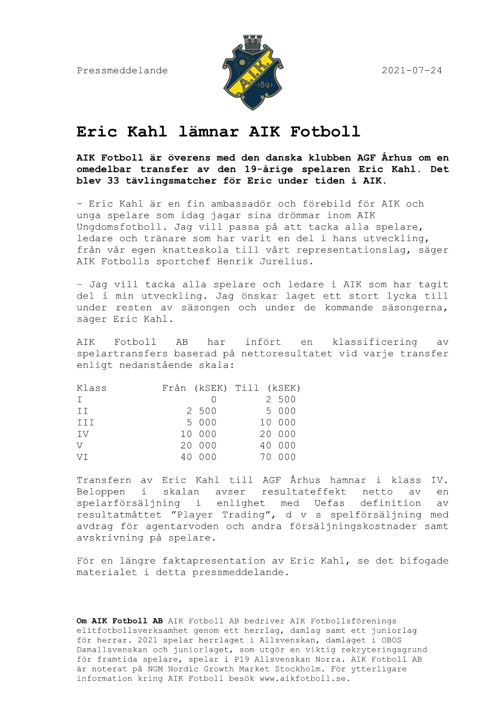 Eric Kahl Lämnar AIK Fotboll