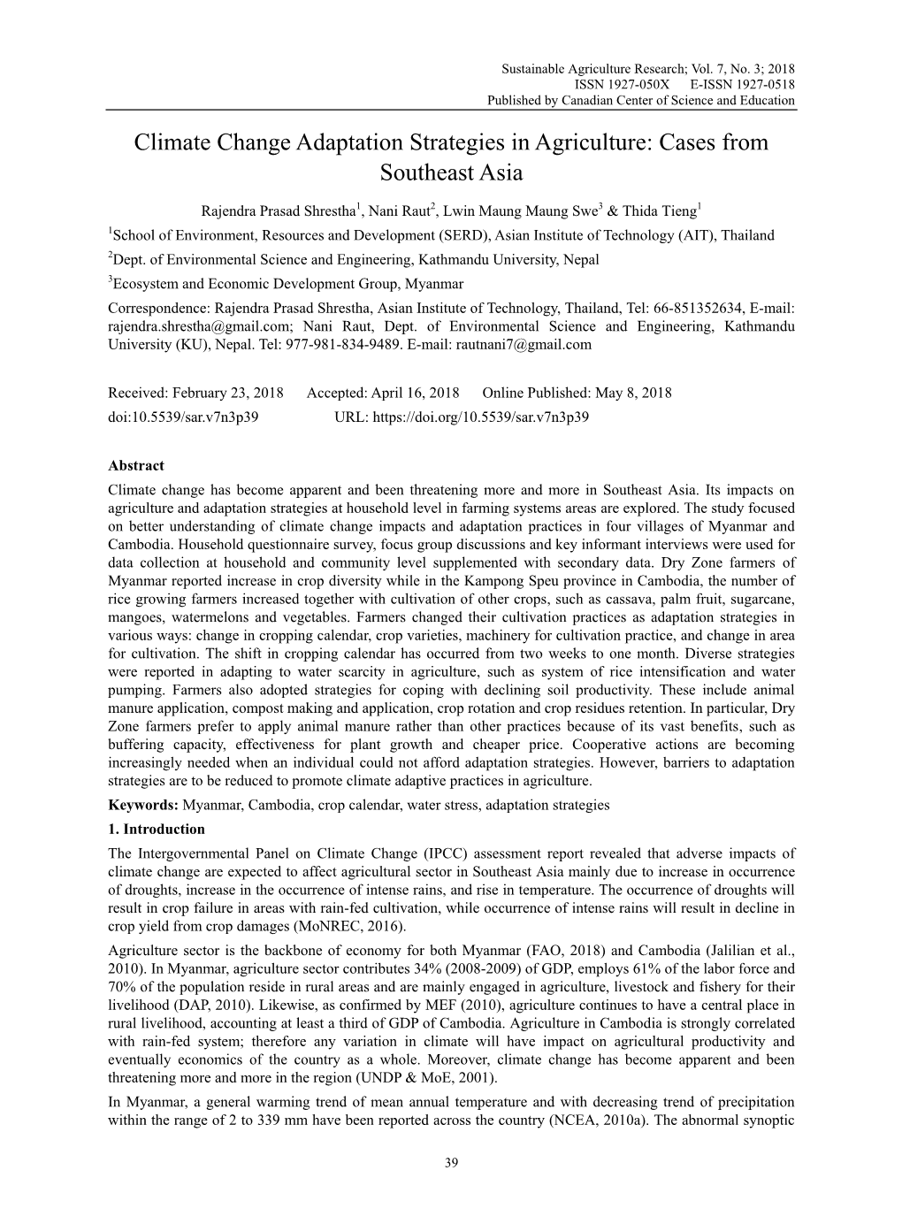 Climate Change Adaptation Strategies in Agriculture: Cases from Southeast Asia