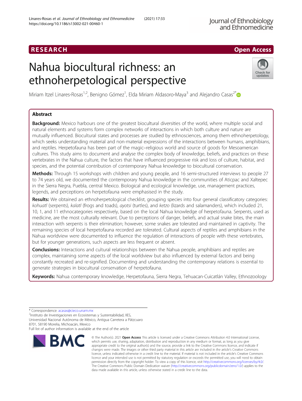 Nahua Biocultural Richness: an Ethnoherpetological Perspective Miriam Itzel Linares-Rosas1,2, Benigno Gómez1, Elda Miriam Aldasoro-Maya3 and Alejandro Casas2*