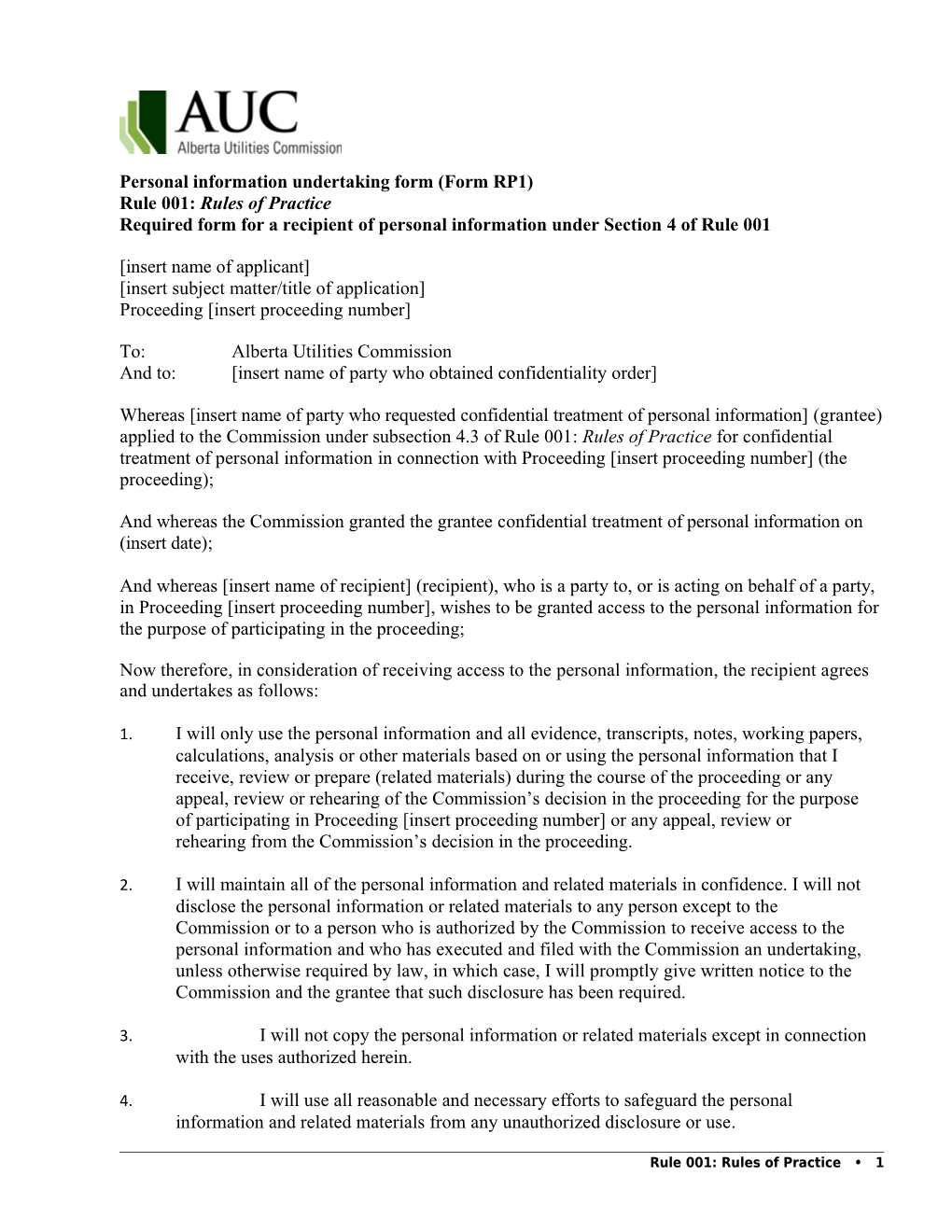 Personal Information Undertaking Form (Form RP1)