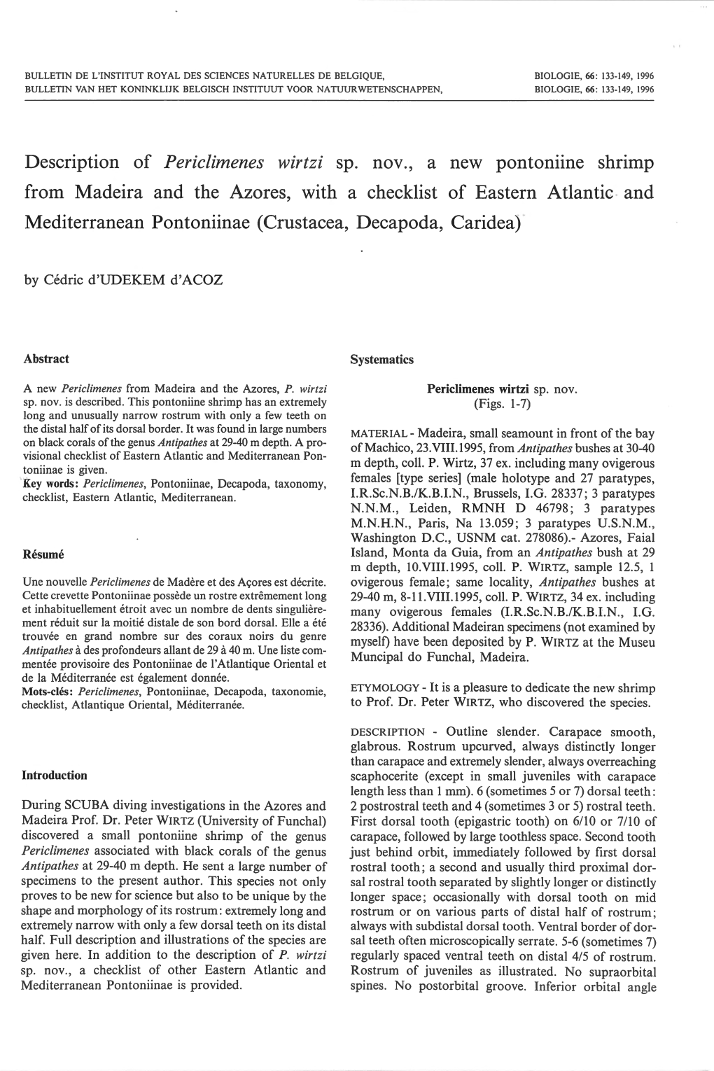 Description of Periclimenes Wirtzi Sp. from Madeira and the Azores, with a Nov., a New Pontonnne Shrimp Checklist of Eastern