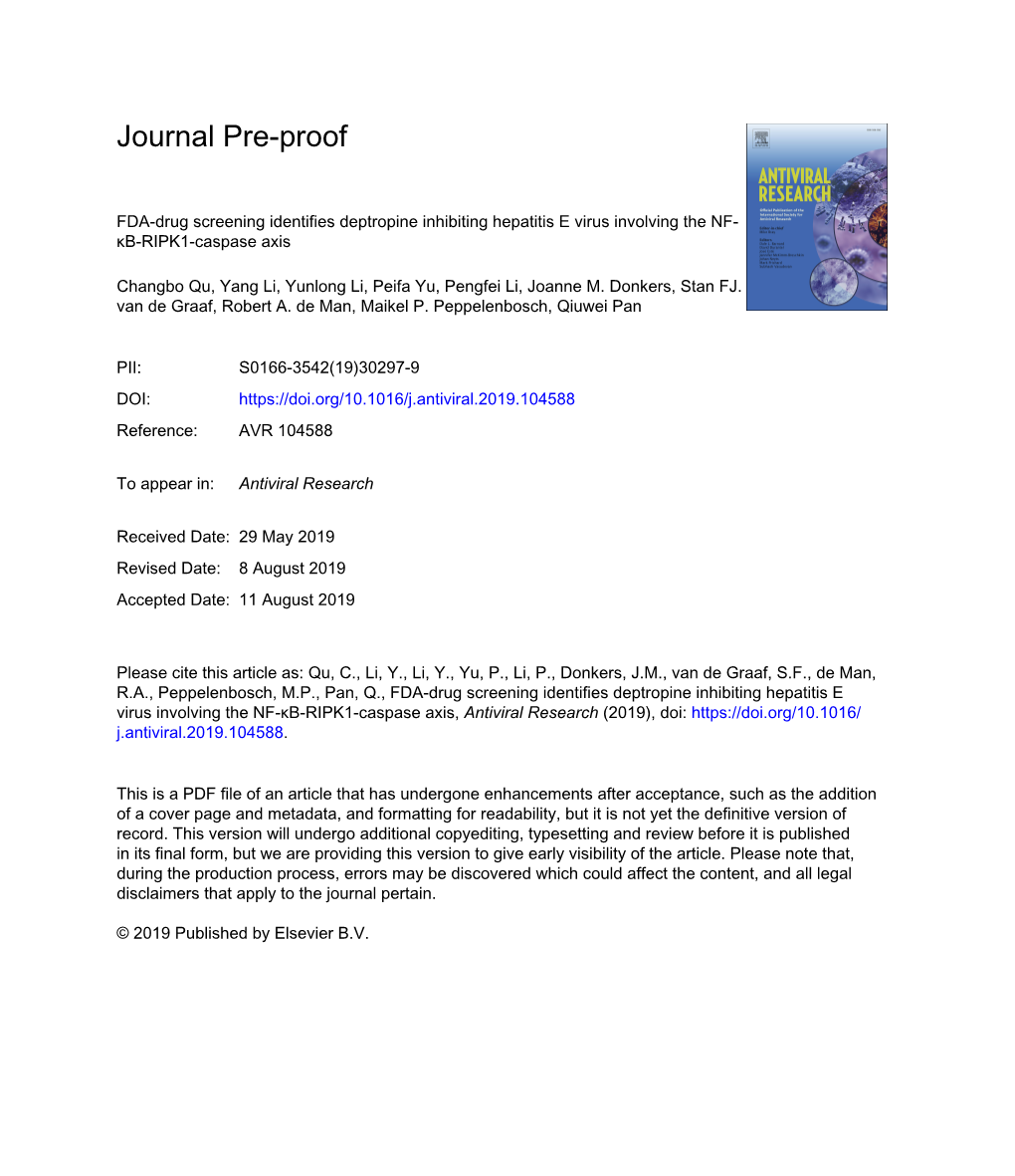 FDA-Drug Screening Identifies Deptropine Inhibiting Hepatitis E Virus Involving the NF-Κb-RIPK1-Caspase Axis