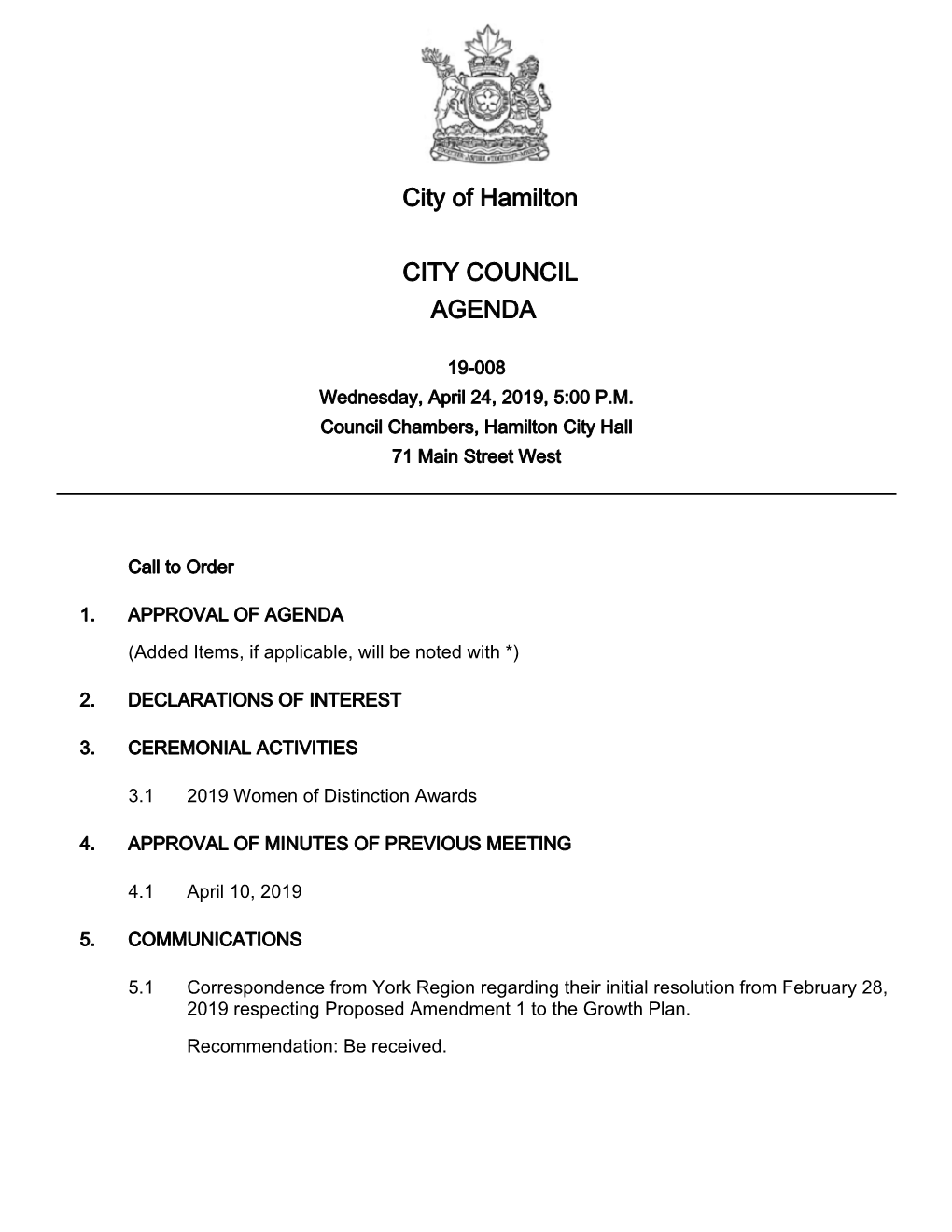 City of Hamilton CITY COUNCIL AGENDA