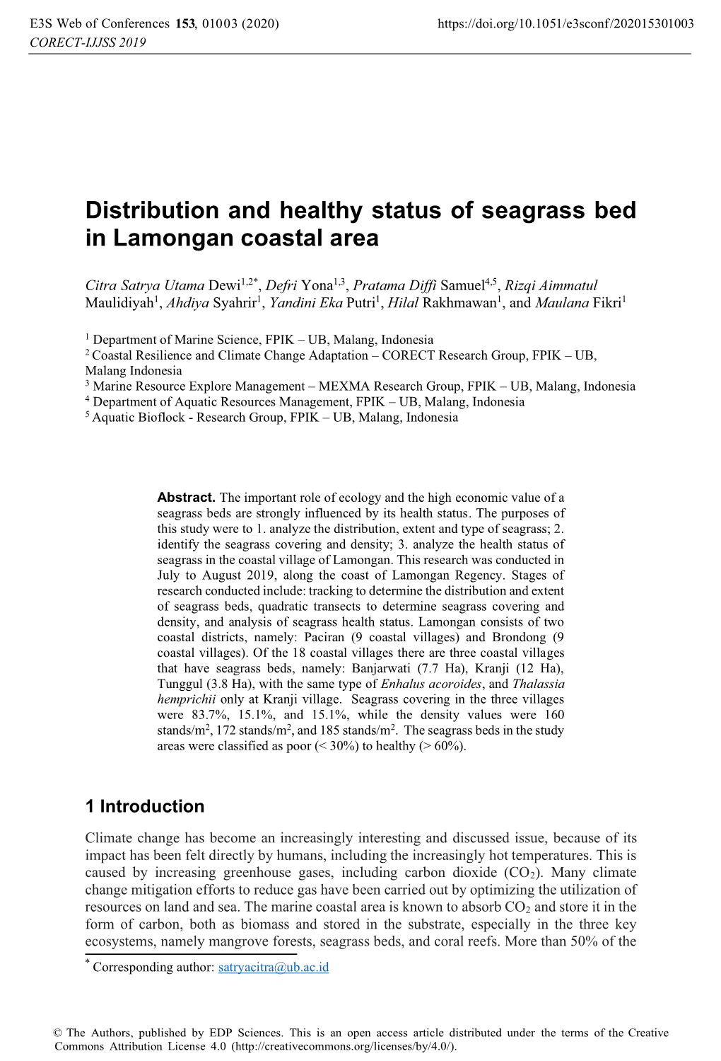 Distribution and Healthy Status of Seagrass Bed in Lamongan Coastal Area