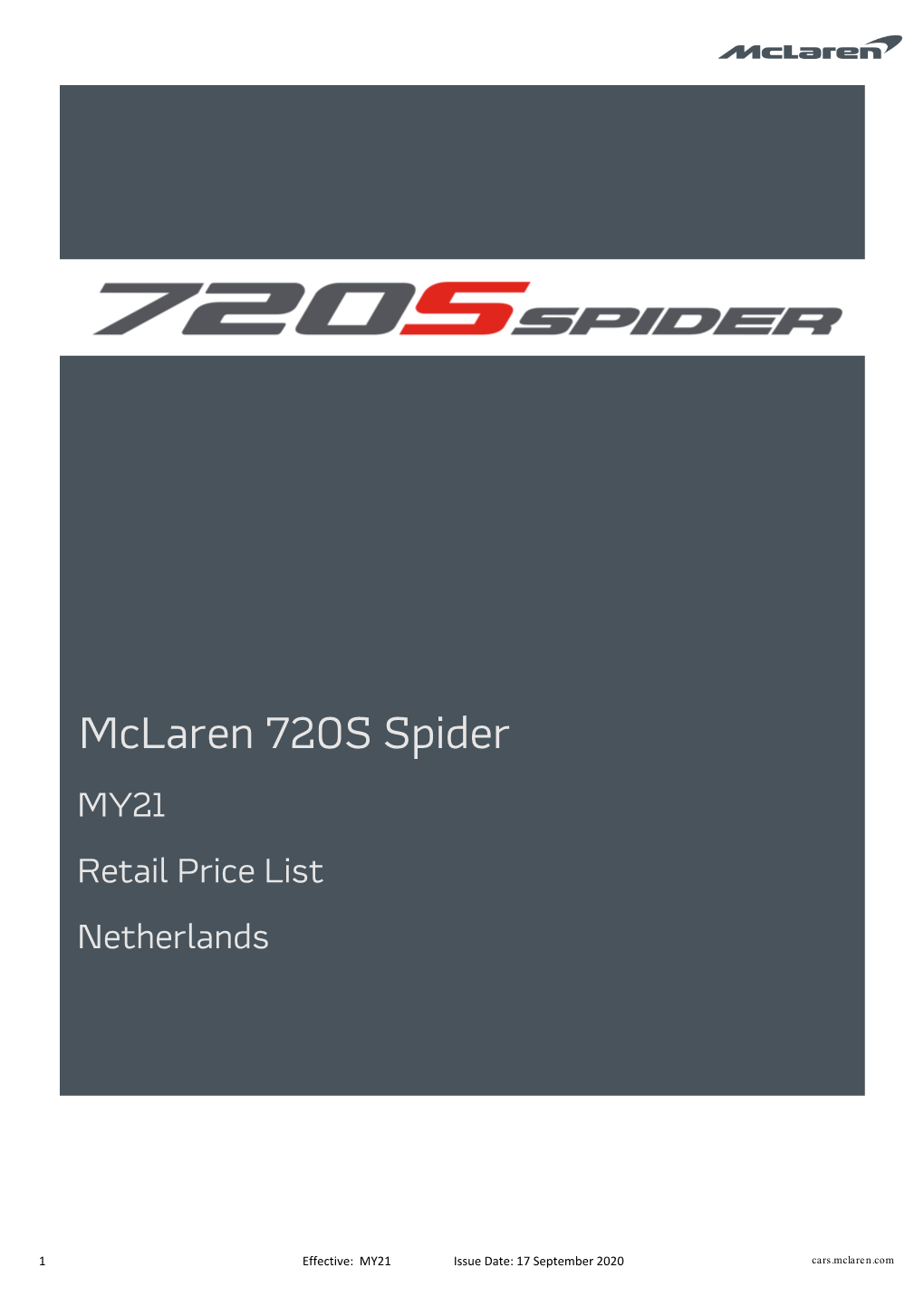Mclaren 720S Spider MY21 Retail Price List Netherlands
