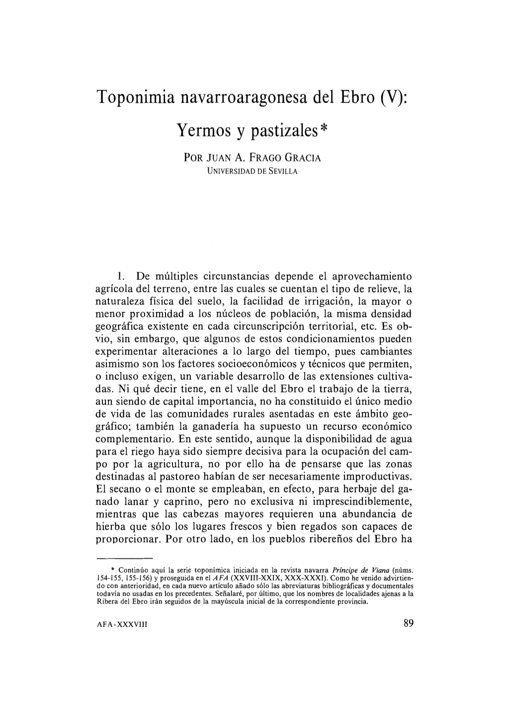 Toponimia Navarroaragonesa Del Ebro (V): Yermos Y Pastizales *