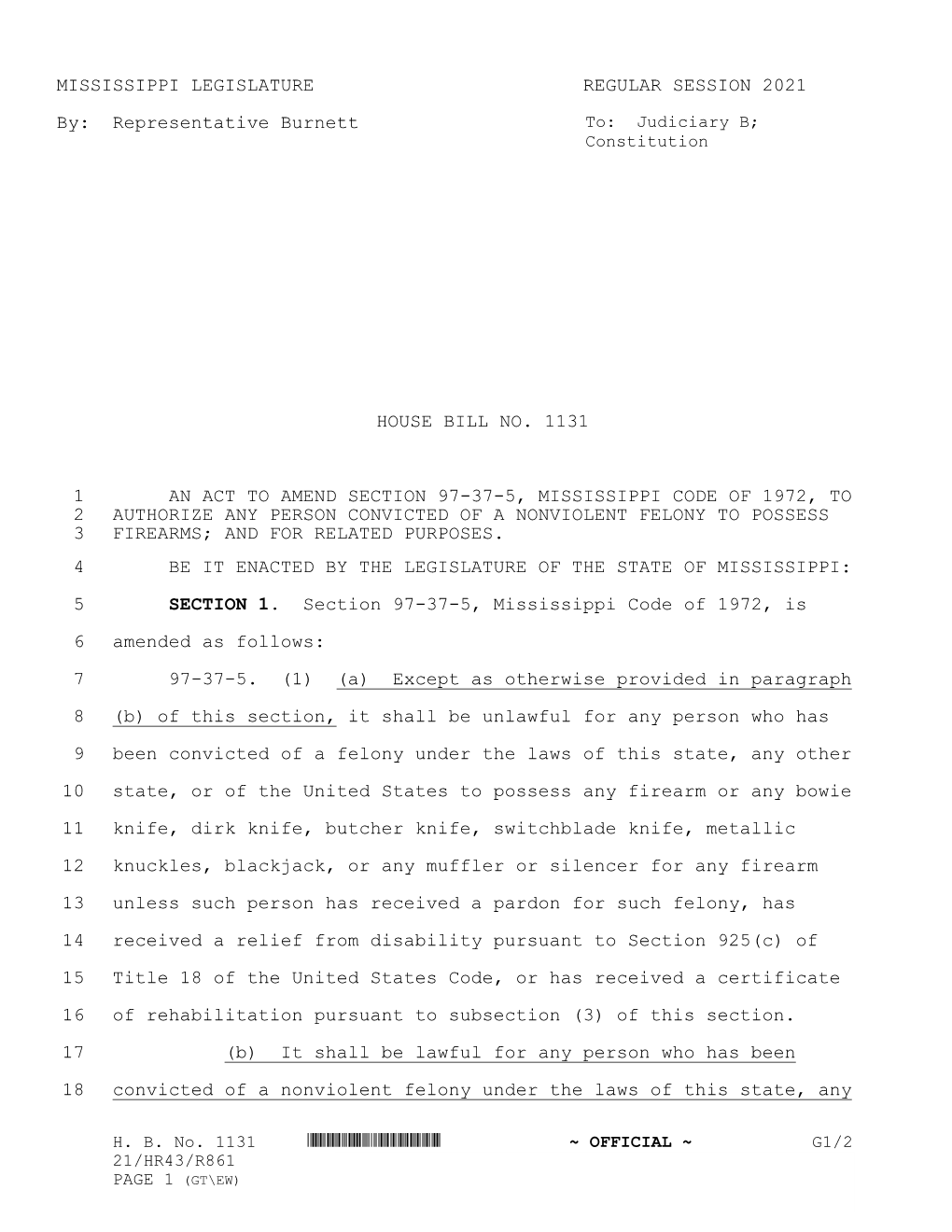 MISSISSIPPI LEGISLATURE REGULAR SESSION 2021 By