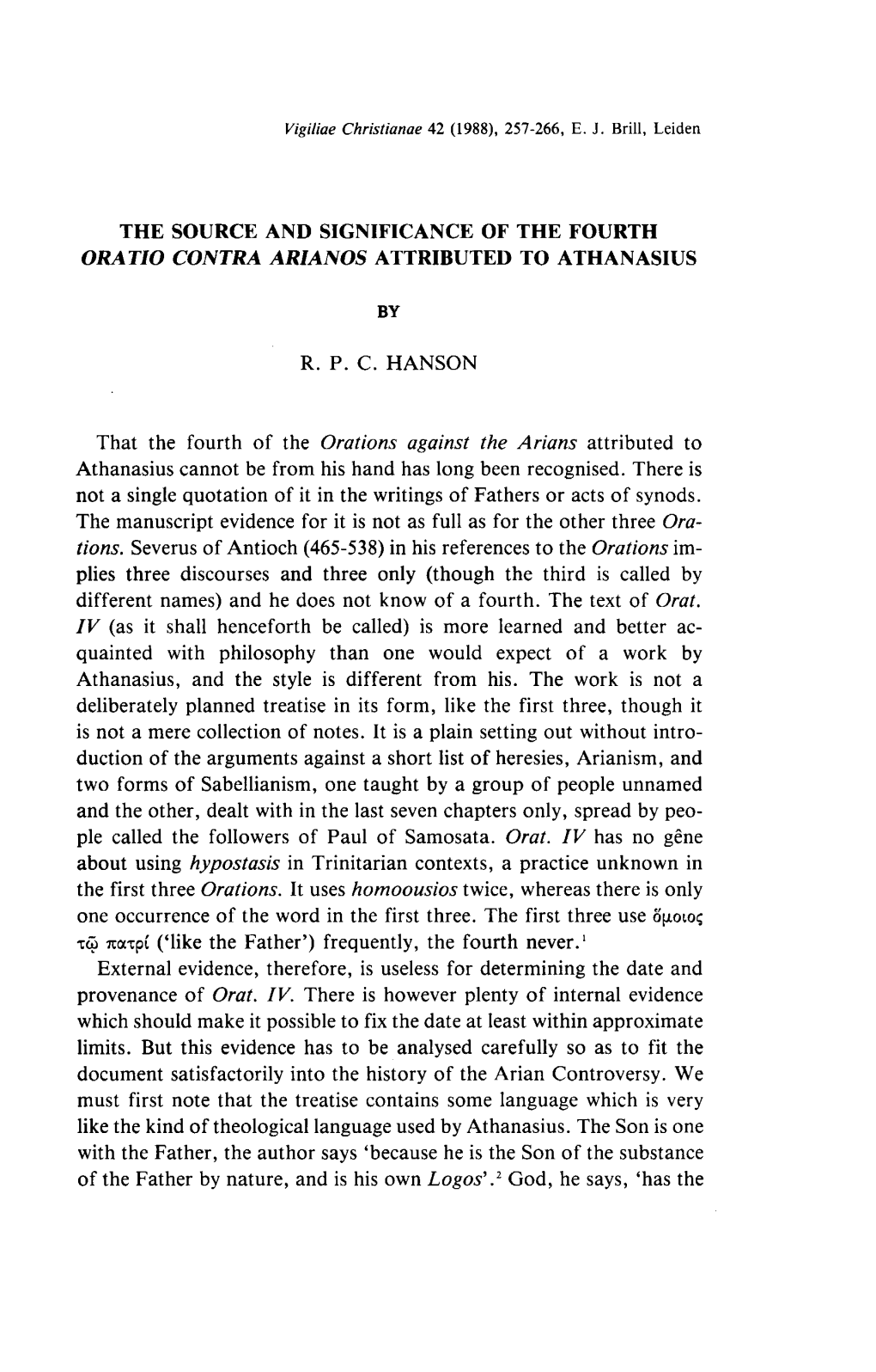 The Source and Significance of the Fourth Oratio Contra Arianos Attributed to Athanasius
