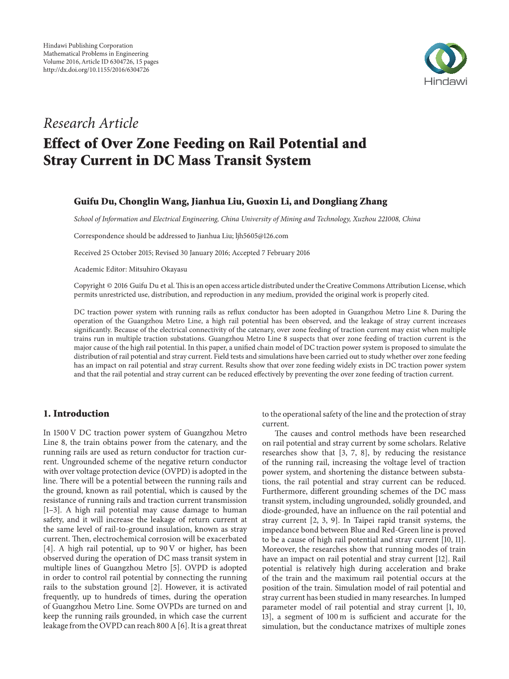 Research Article Effect of Over Zone Feeding on Rail Potential and Stray Current in DC Mass Transit System