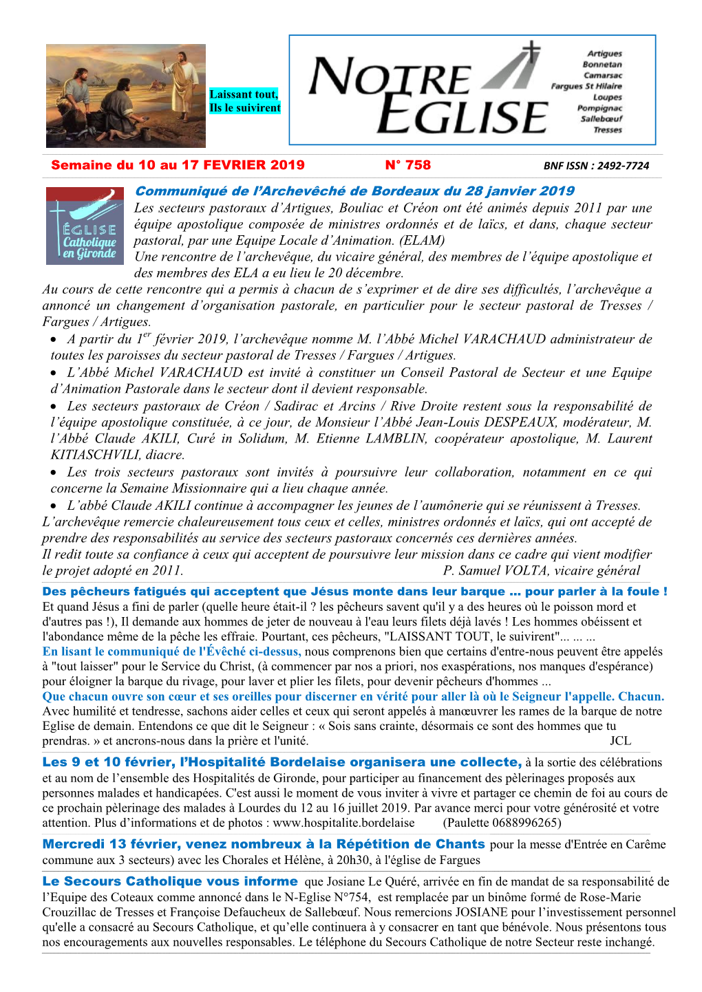 Les Secteurs Pastoraux D'artigues, Bouliac Et Créon Ont Été Animés Depuis 2011 Par Une Équipe Apostolique Composée De Mi